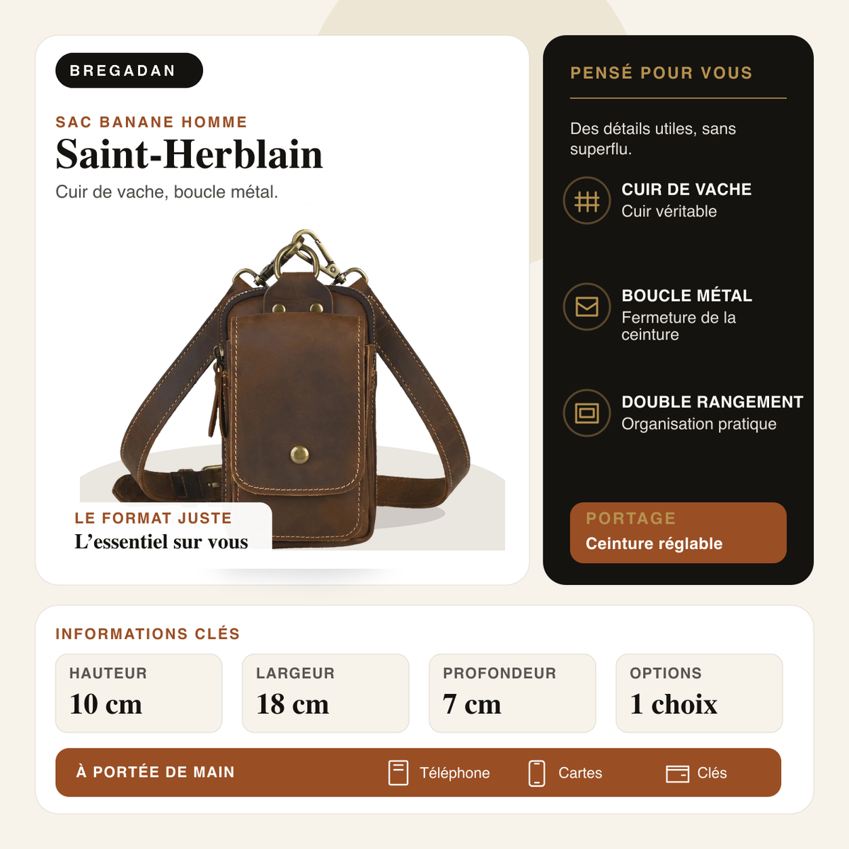 Saint-Herblain — infographie Bregadan V3 : sac banane en cuir de vache, boucle métal, dimensions 10 × 18 × 7 cm.