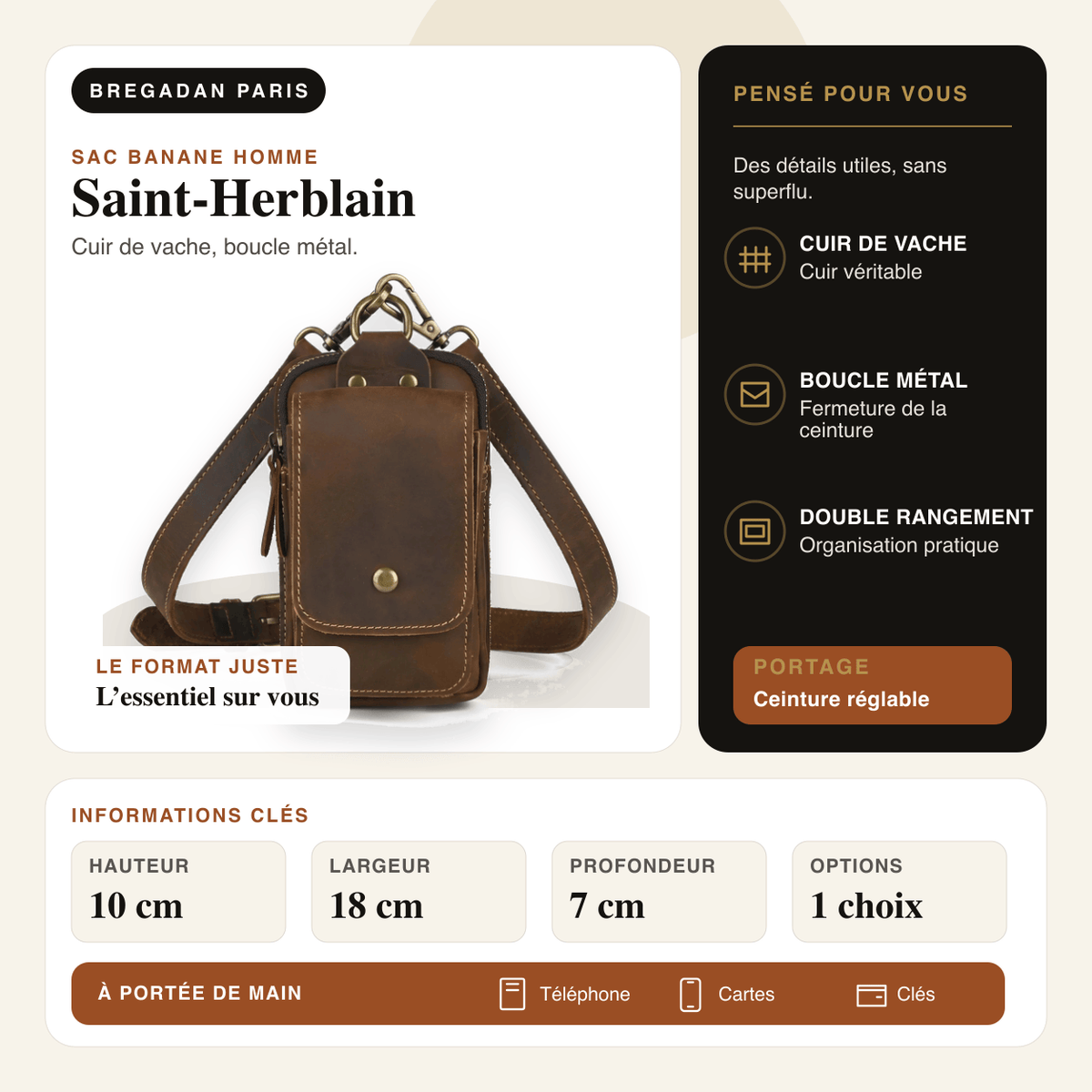 Saint-Herblain — infographie Bregadan V3 : sac banane en cuir de vache, boucle métal, dimensions 10 × 18 × 7 cm.