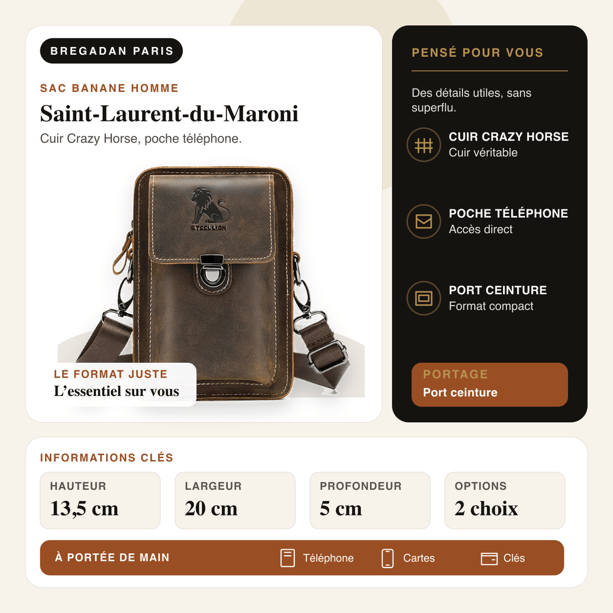 Saint-Laurent-du-Maroni — infographie Bregadan V3 : sac banane ceinture en cuir Crazy Horse, poche téléphone