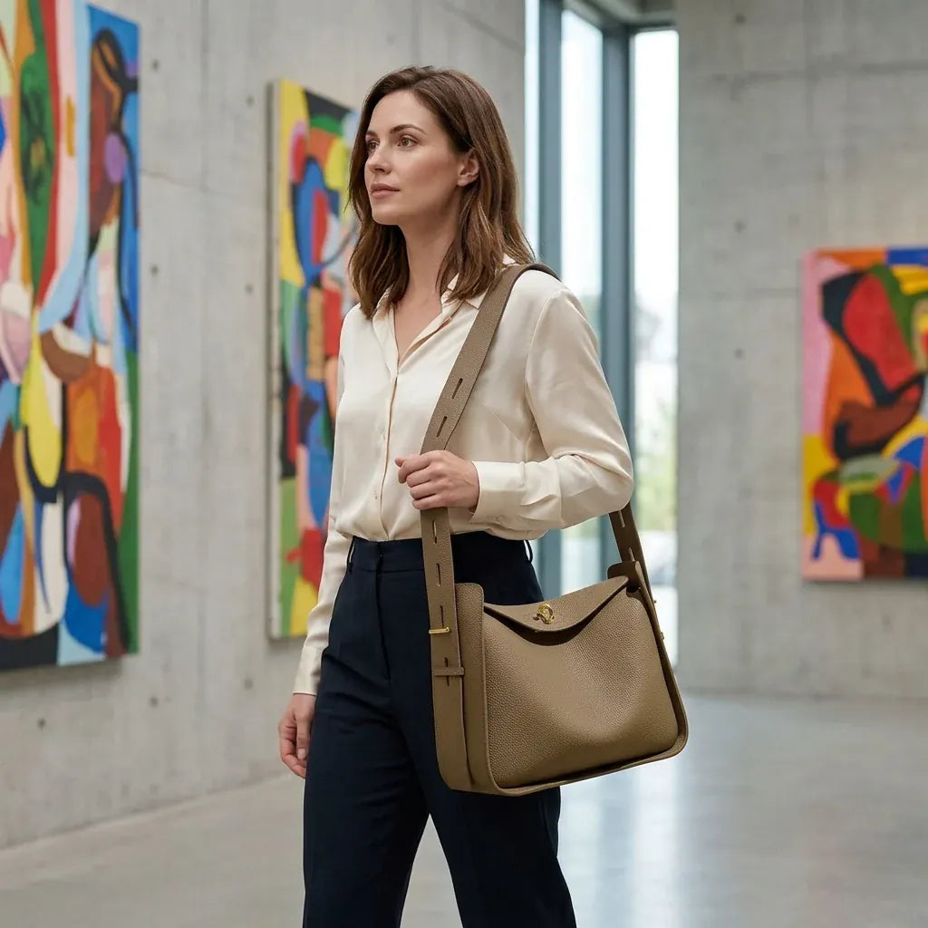 Saint-Louis - Sac à main en cuir véritable, ligne luxe - mise en situation, coloris taupe