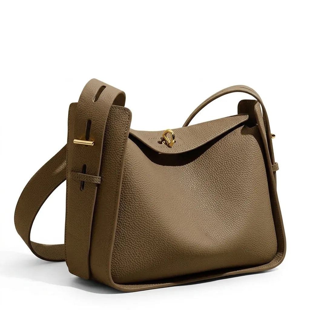 Saint-Louis - Sac à main en cuir véritable, ligne luxe - packshot sur fond blanc, coloris taupe