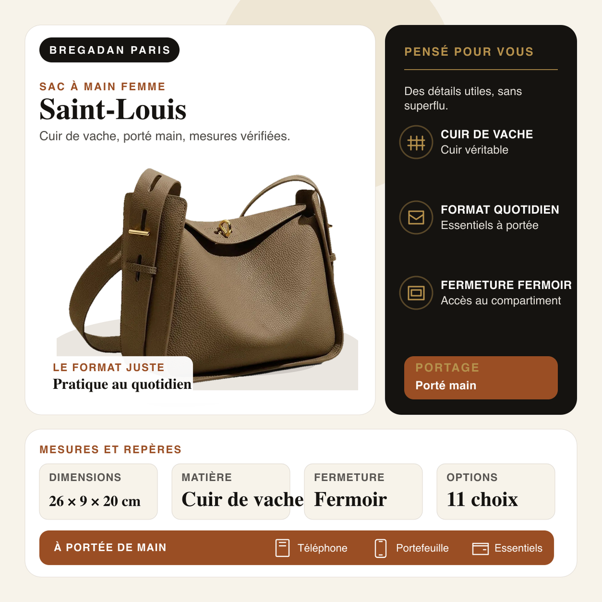 Saint-Louis — infographie Bregadan V3 : cuir de vache, porté main, dimensions 26 × 9 × 20cm