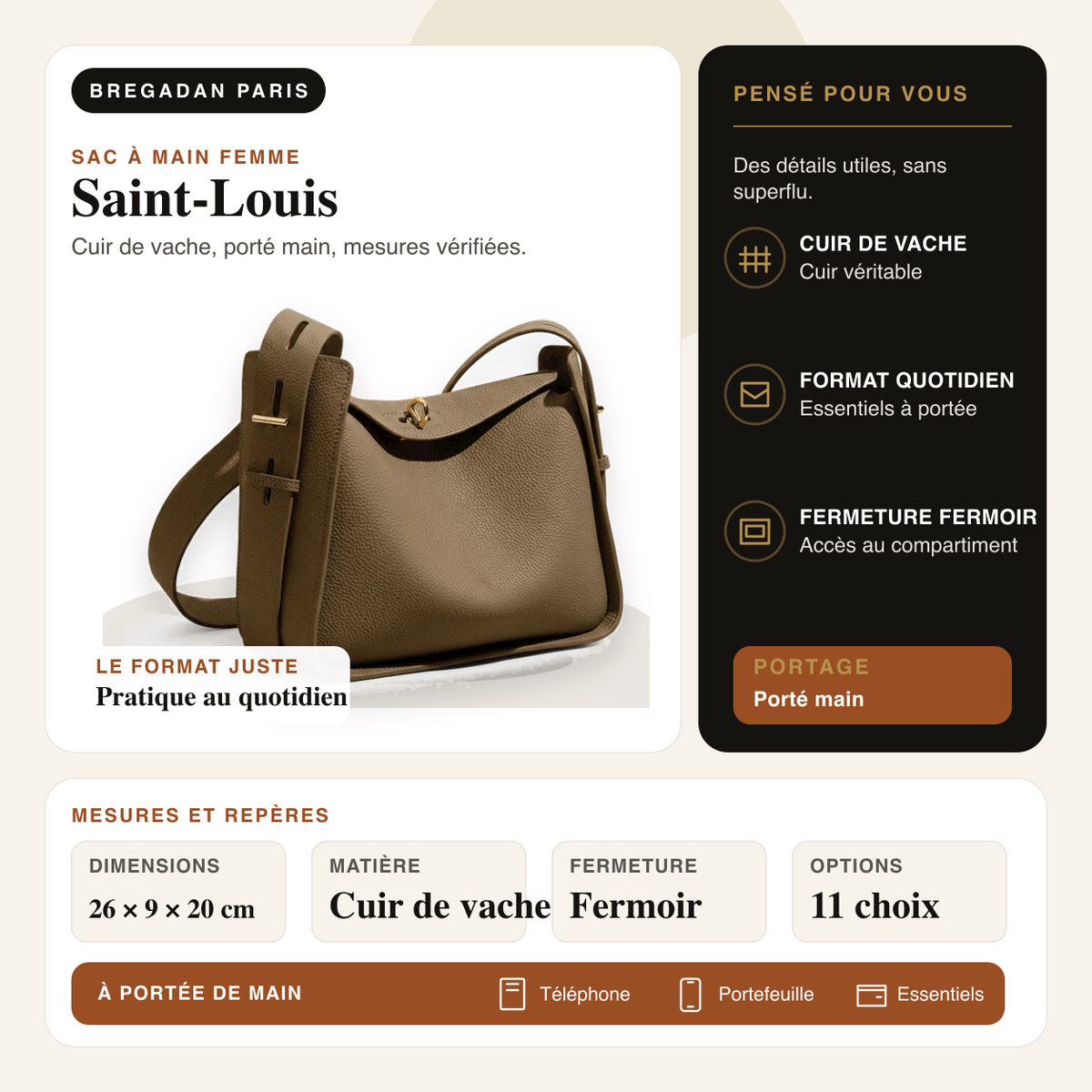 Saint-Louis — infographie Bregadan V3 : cuir de vache, porté main, dimensions 26 × 9 × 20cm