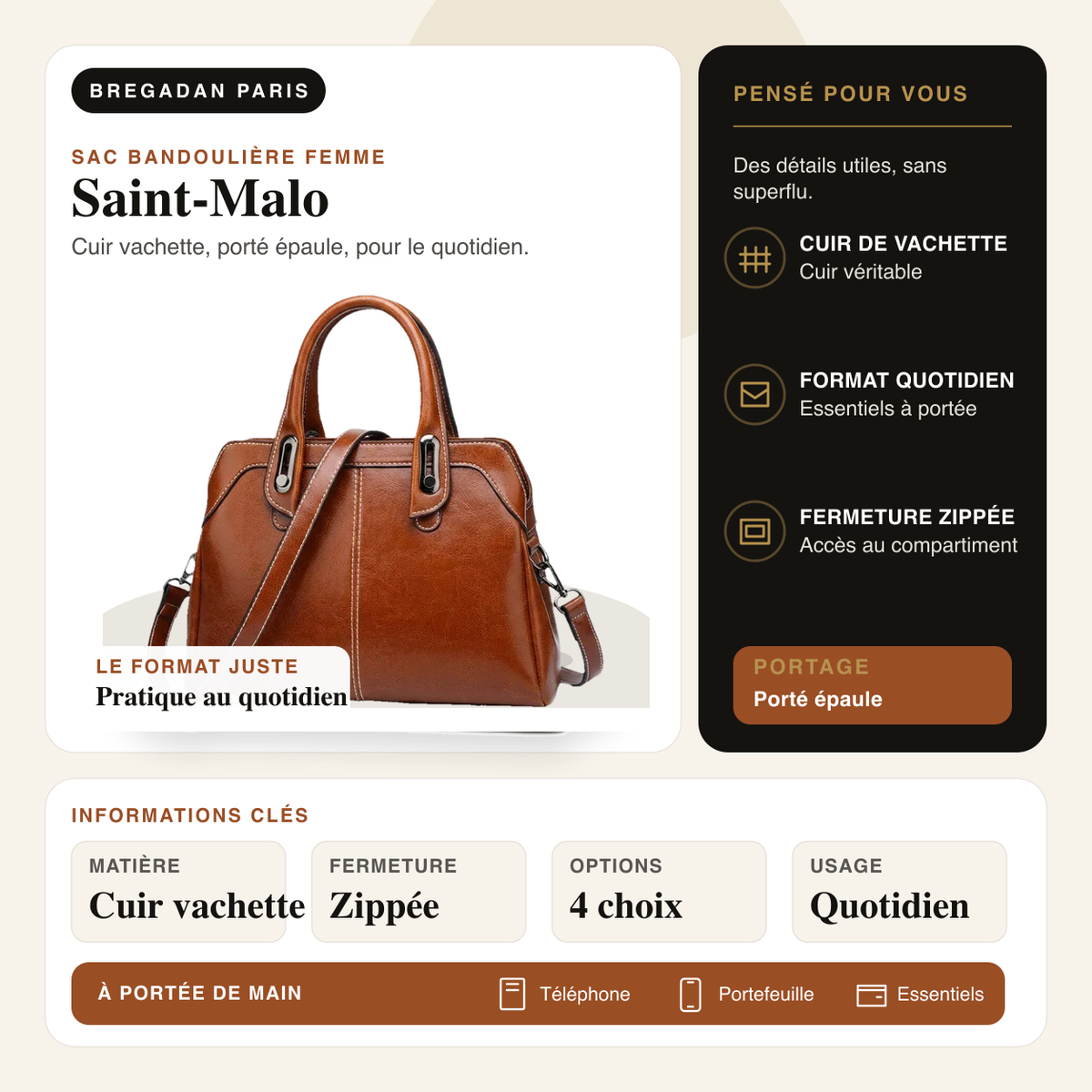 Saint-Malo — infographie Bregadan V3 : cuir vachette, porté épaule