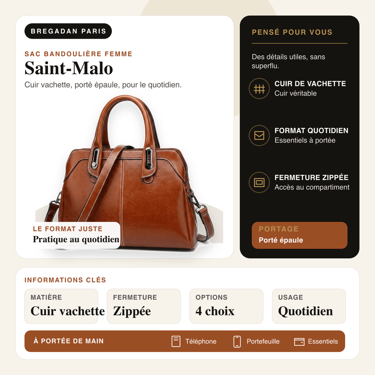 Saint-Malo — infographie Bregadan V3 : cuir vachette, porté épaule