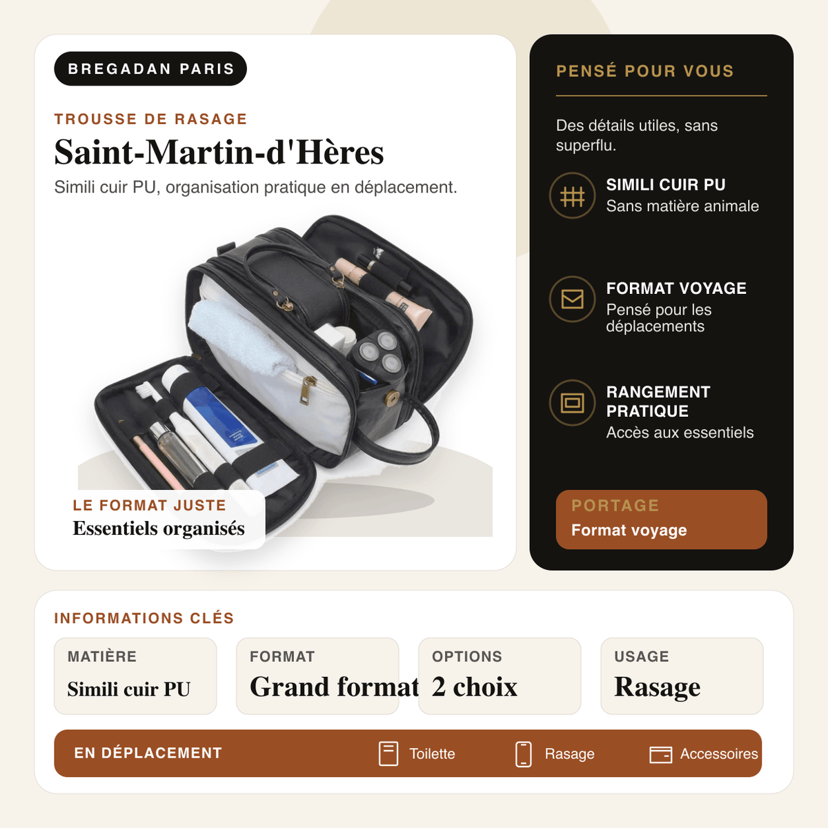 Saint-Martin-d'Hères — infographie Bregadan V3 : simili cuir pu, organisation pratique en déplacement, matière Simili