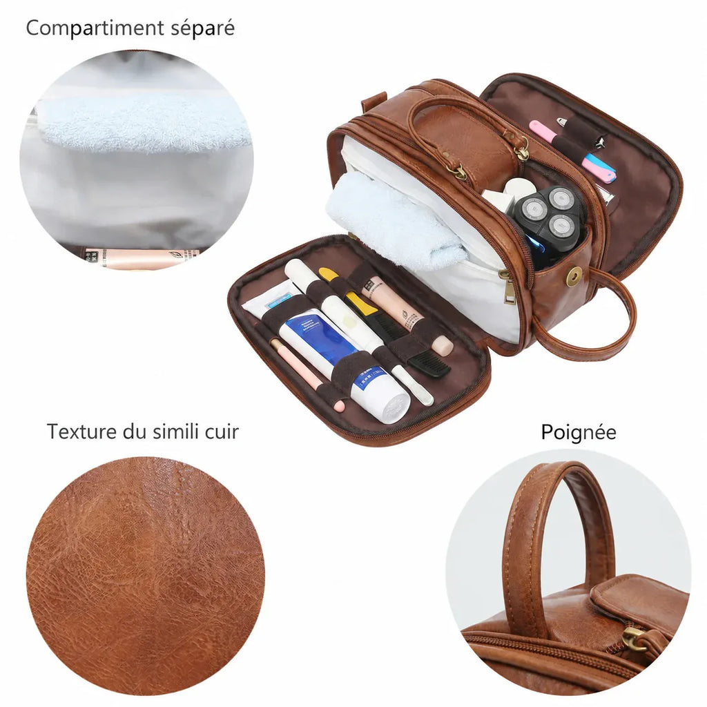 Trousse Saint-Martin-d’Hères marron : compartiment séparé, texture du simili cuir et poignée
