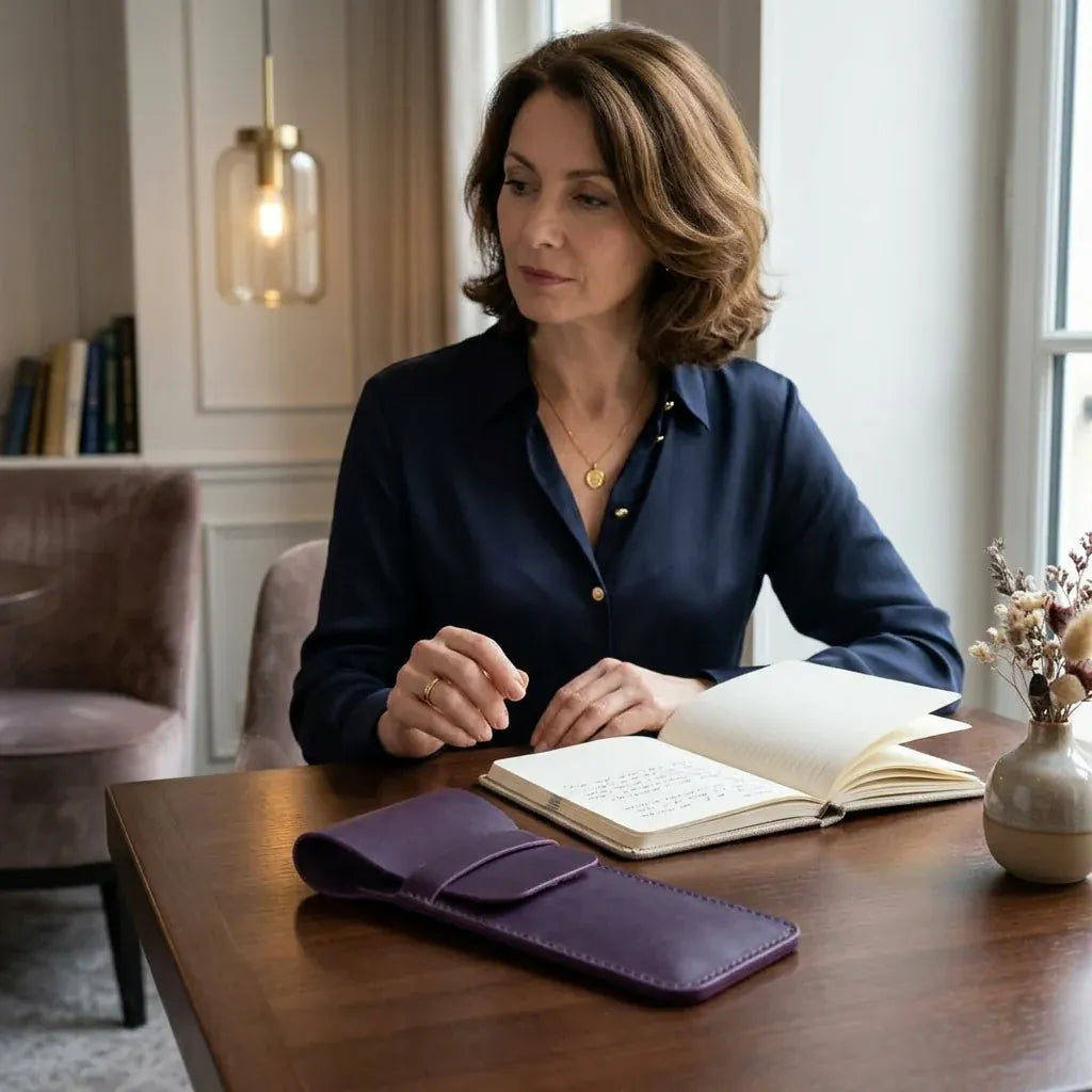 Saint-Maur-des-Fossés - Porte-stylo plume en cuir véritable, fait main - mise en situation, coloris violet clair