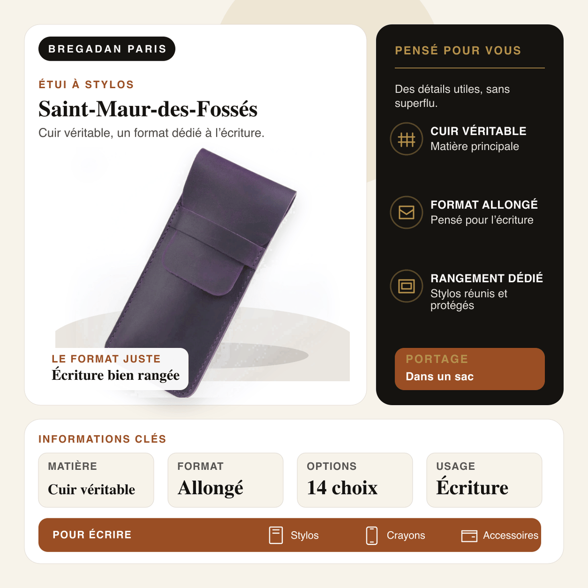 Saint-Maur-des-Fossés — infographie Bregadan V3 : cuir véritable, un format dédié à l’écriture, matière Cuir