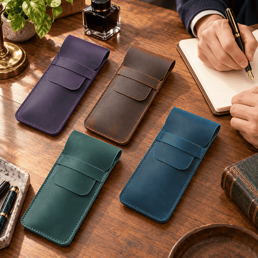 Saint-Maur-des-Fossés — Grands formats violet clair, marron, vert et bleu — porte-stylos en usage