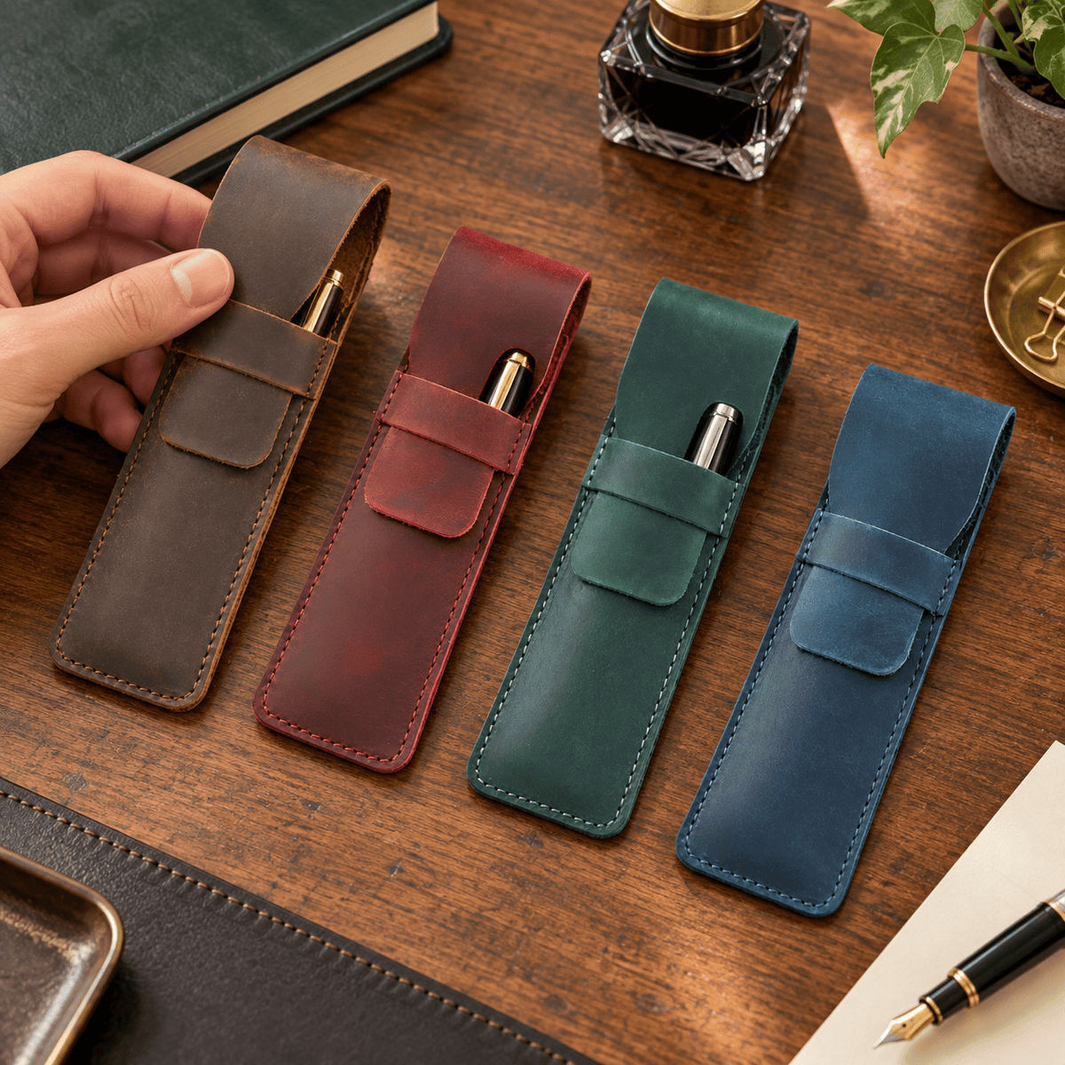 Saint-Maur-des-Fossés — Petits formats marron, rouge, vert et bleu — porte-stylos en usage