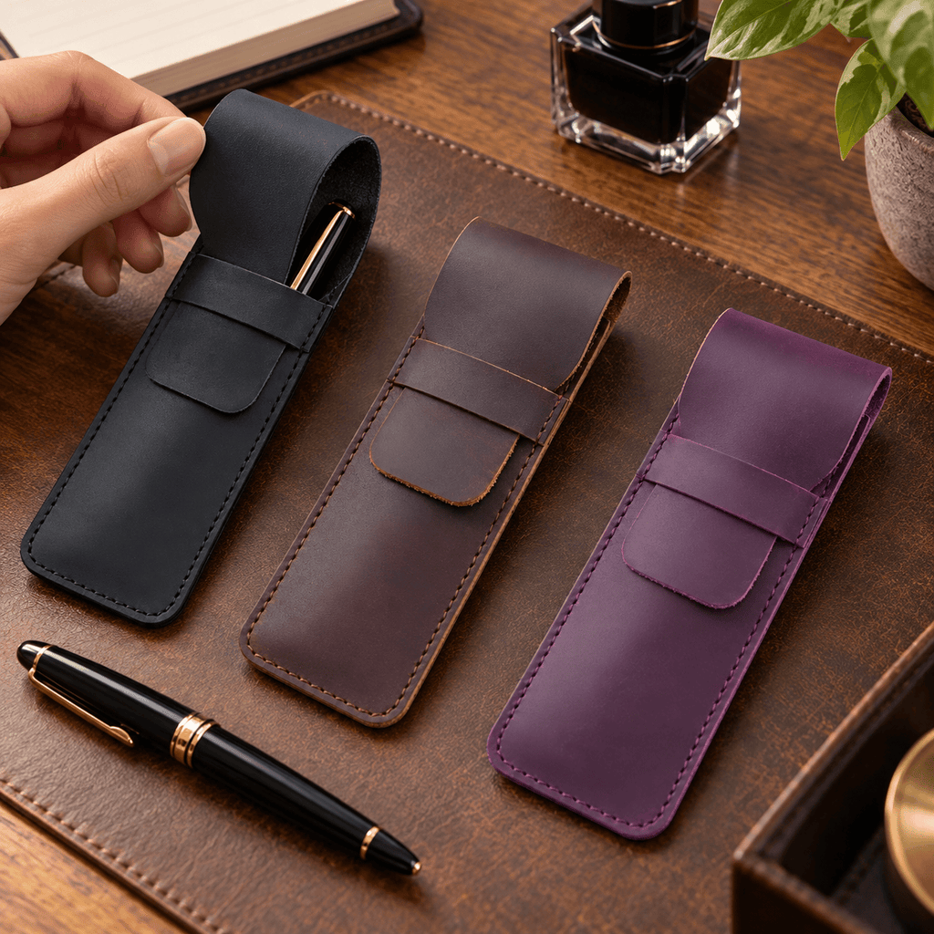 Saint-Maur-des-Fossés — Petits formats noir, café et violet — porte-stylos en usage