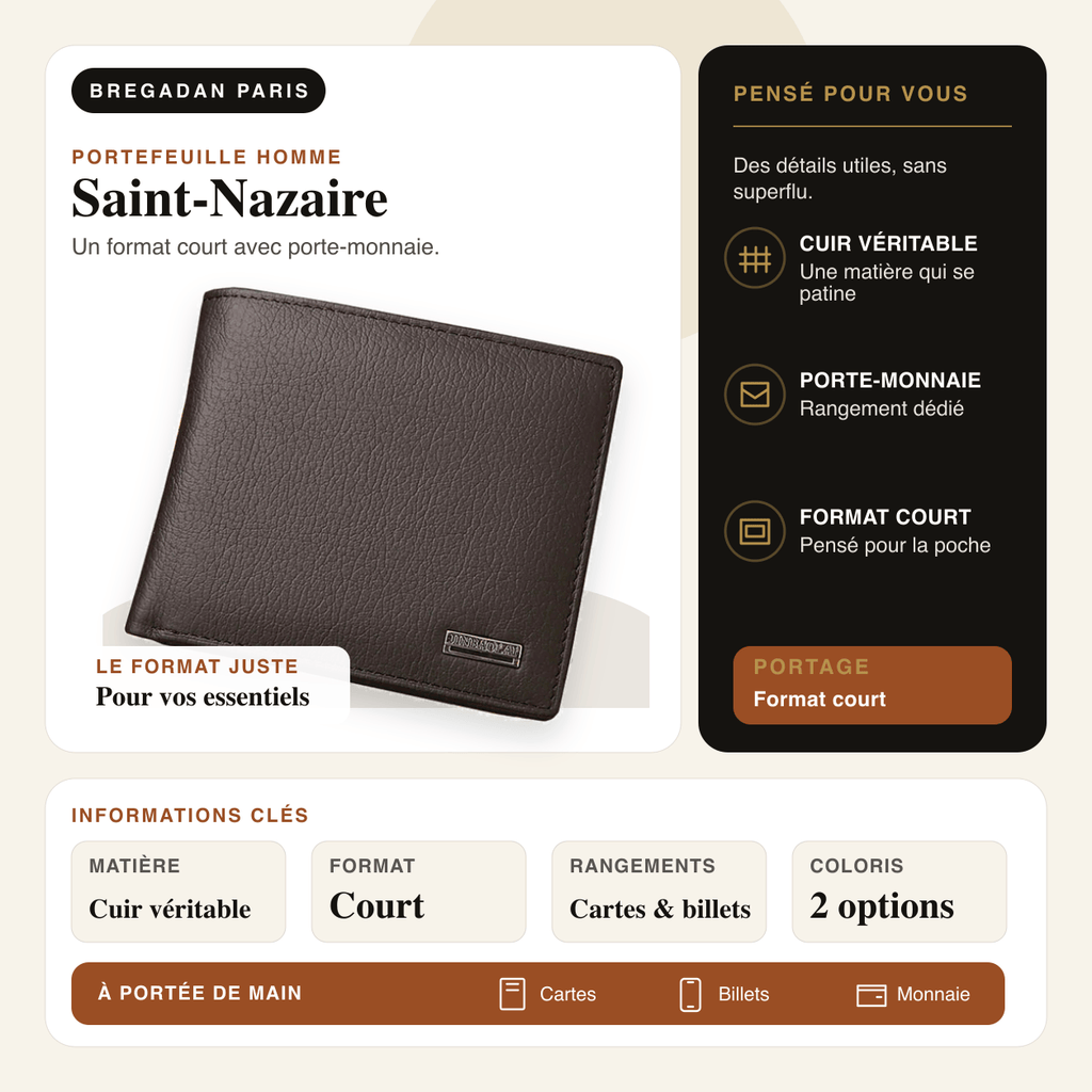 Saint-Nazaire — infographie Bregadan V3 : cuir véritable, format court, porte-monnaie et 2 coloris