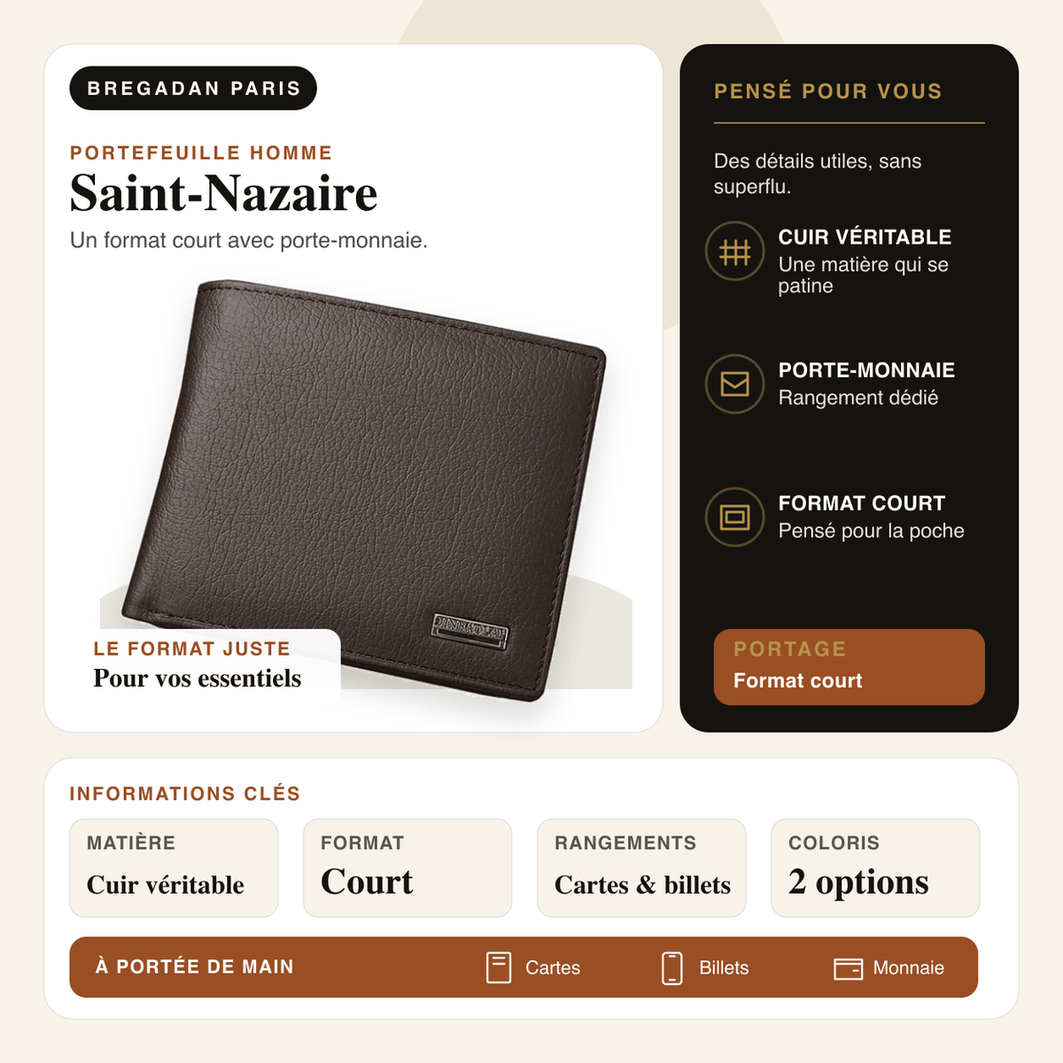 Saint-Nazaire — infographie Bregadan V3 : cuir véritable, format court, porte-monnaie et 2 coloris