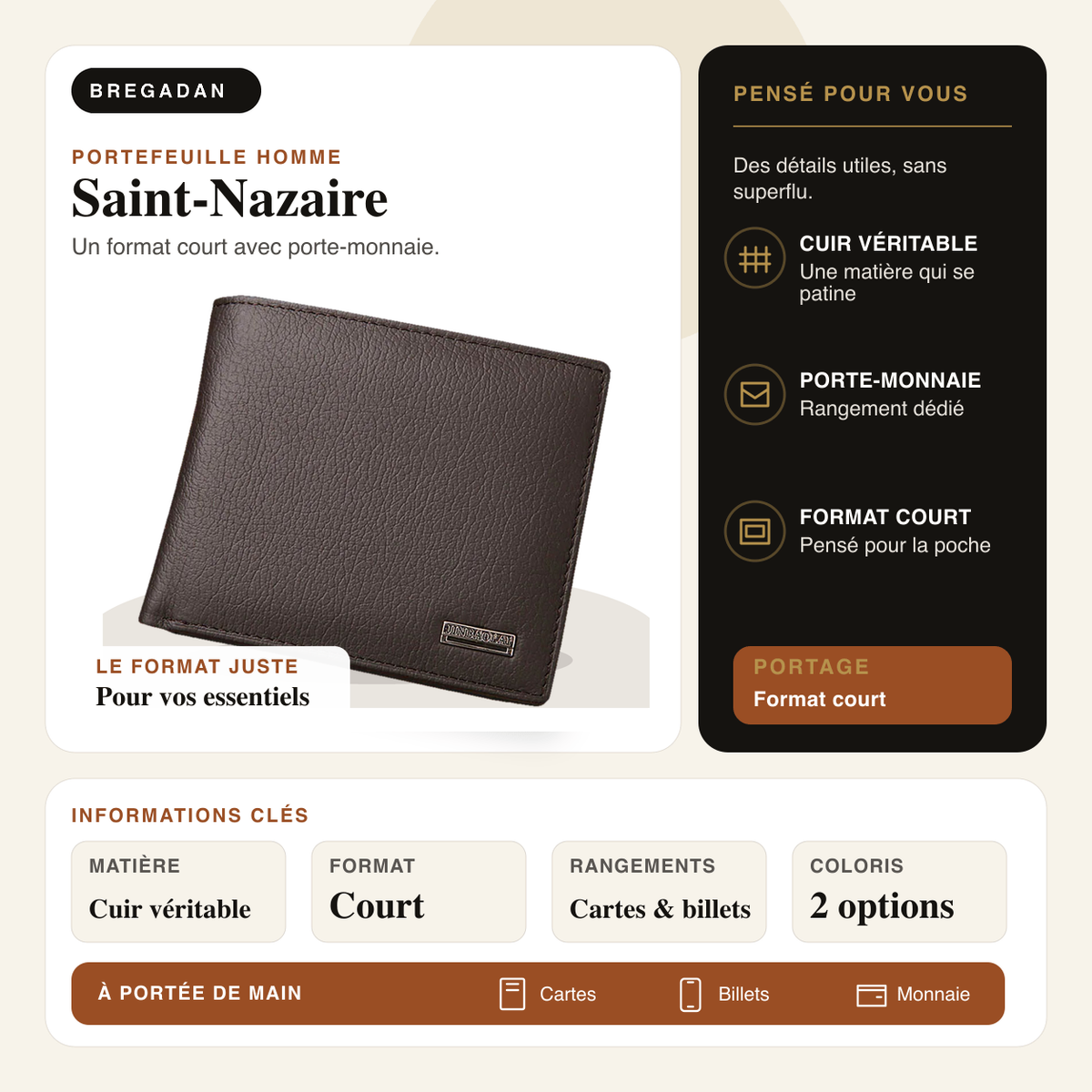 Saint-Nazaire — infographie Bregadan V3 : cuir véritable, format court, porte-monnaie et 2 coloris