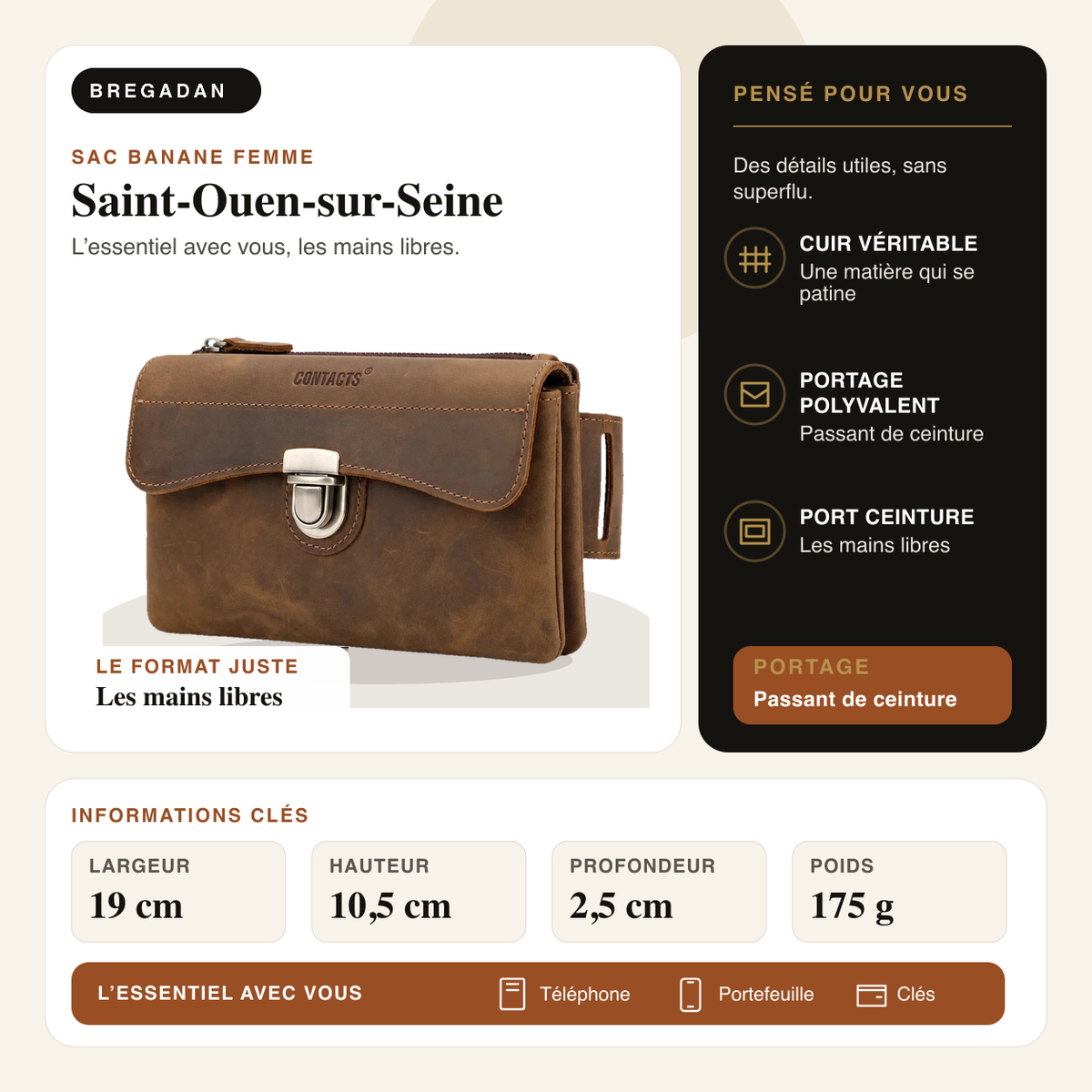 Saint-Ouen-sur-Seine — infographie Bregadan V3 : cuir véritable, Passant de ceinture