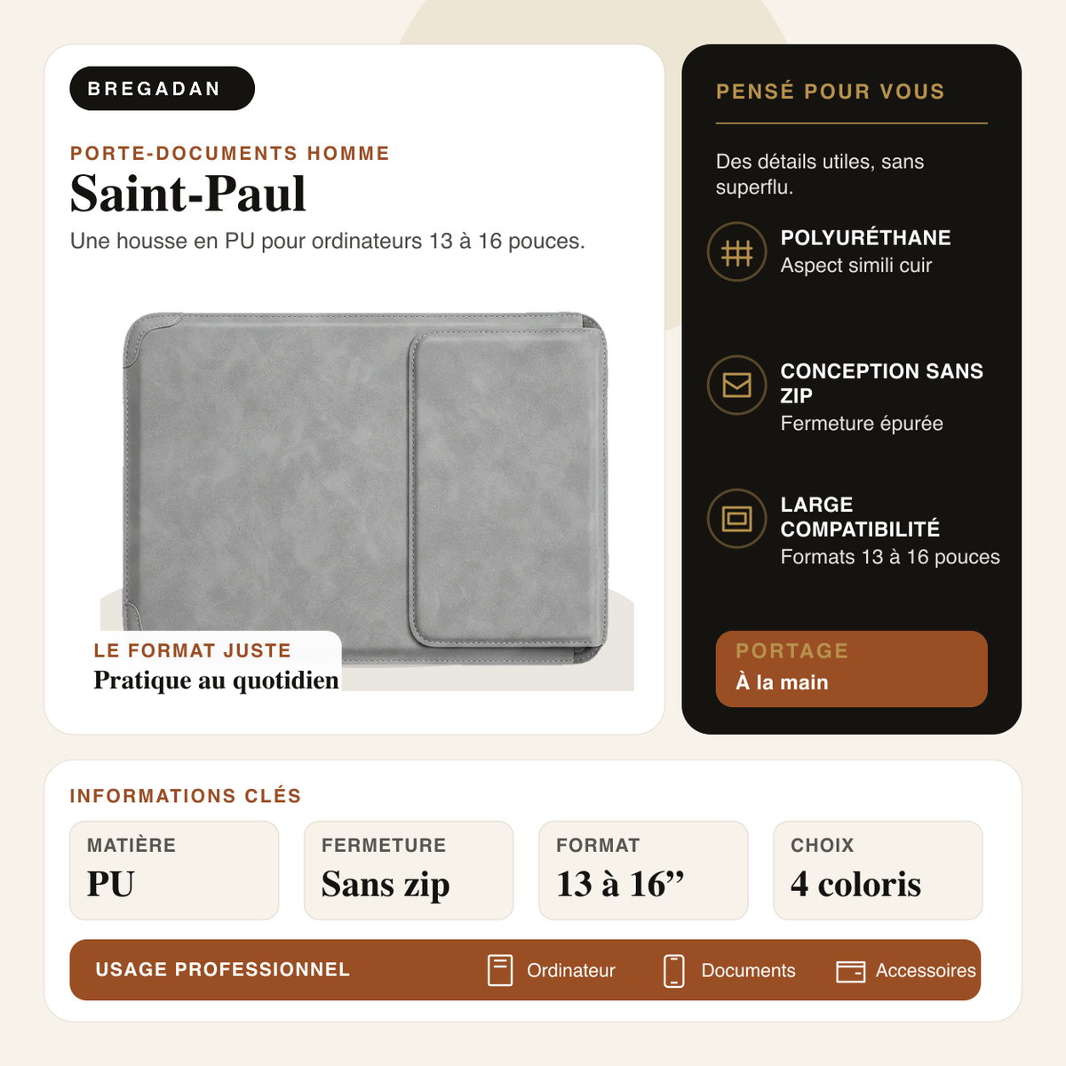 Saint-Paul — infographie Bregadan V3 : une housse en pu pour ordinateurs 13 à 16 pouces, matière PU, fermeture Sans