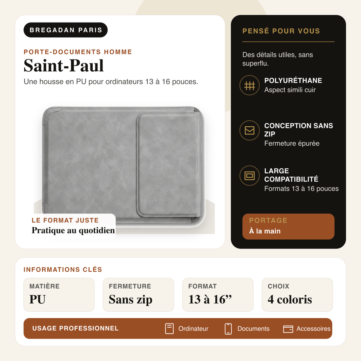Saint-Paul — infographie Bregadan V3 : une housse en pu pour ordinateurs 13 à 16 pouces, matière PU, fermeture Sans