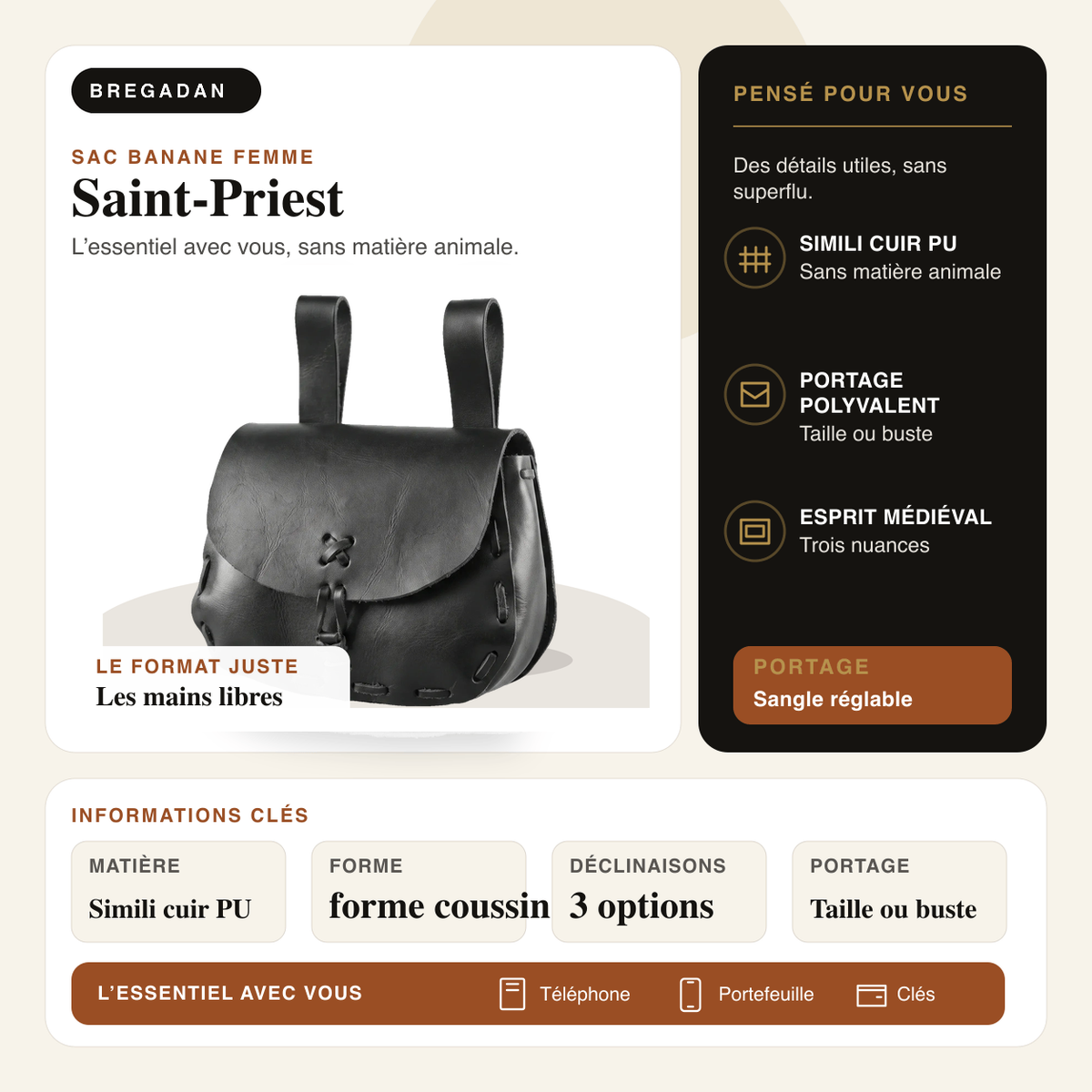 Saint-Priest — infographie Bregadan V3 : Simili cuir PU, portage taille ou buste