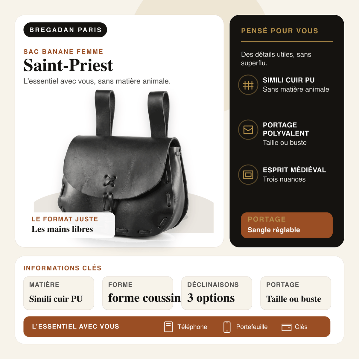 Saint-Priest — infographie Bregadan V3 : Simili cuir PU, portage taille ou buste