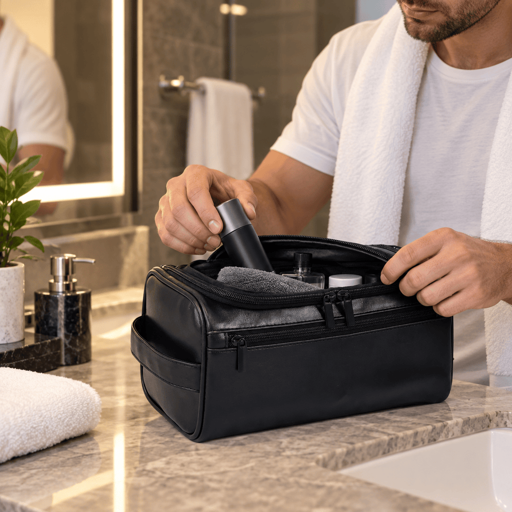 Saint-Raphaël — Simili cuir noir — trousse de toilette utilisée dans une salle de bain