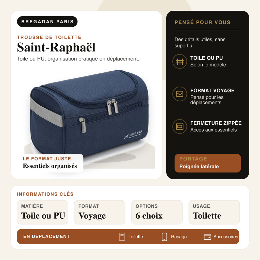 Saint-Raphaël — infographie Bregadan V3 : toile ou pu, organisation pratique en déplacement, matière Toile ou PU