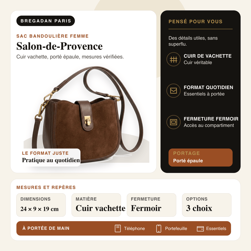Salon-de-Provence — infographie Bregadan V3 : cuir vachette, porté épaule, dimensions 24 × 9 × 19cm