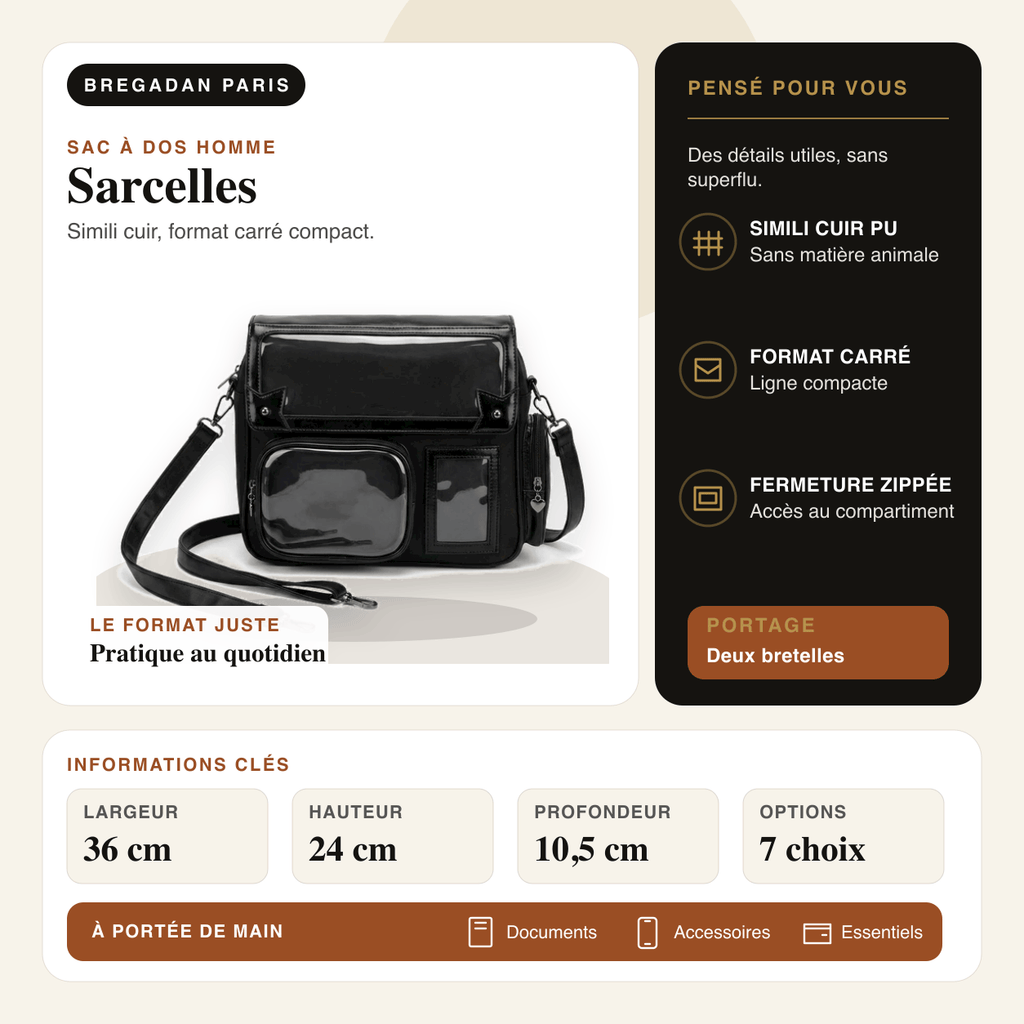 Sarcelles — infographie Bregadan V3 : sac à dos en simili cuir, dimensions 36 × 24 × 10,5 cm, fermeture zippée.