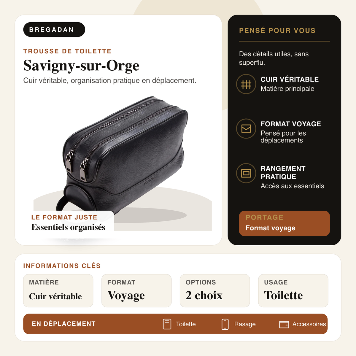 Savigny-sur-Orge — infographie Bregadan V3 : cuir véritable, organisation pratique en déplacement, matière Cuir
