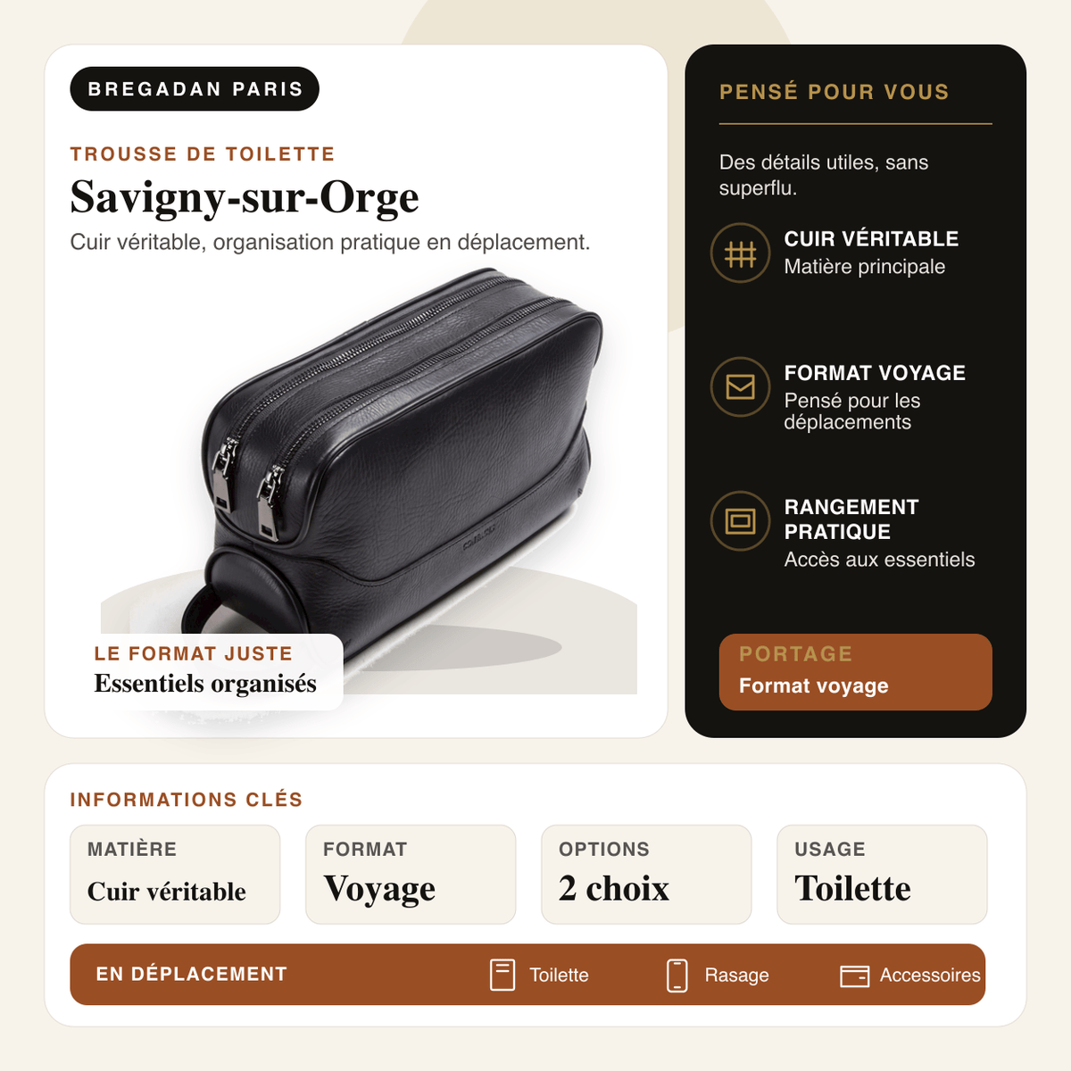 Savigny-sur-Orge — infographie Bregadan V3 : cuir véritable, organisation pratique en déplacement, matière Cuir