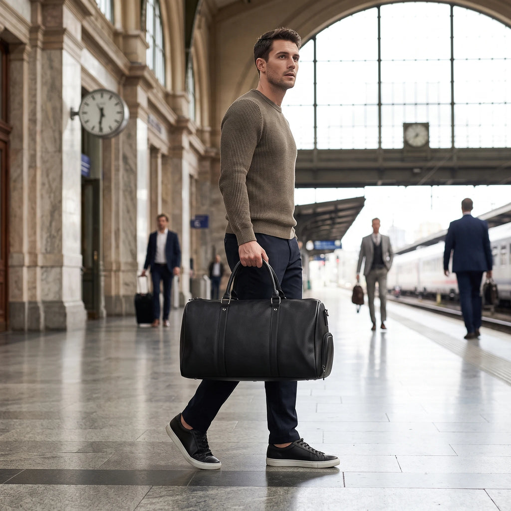 Sète - sac de sport noir porté par un homme en gare