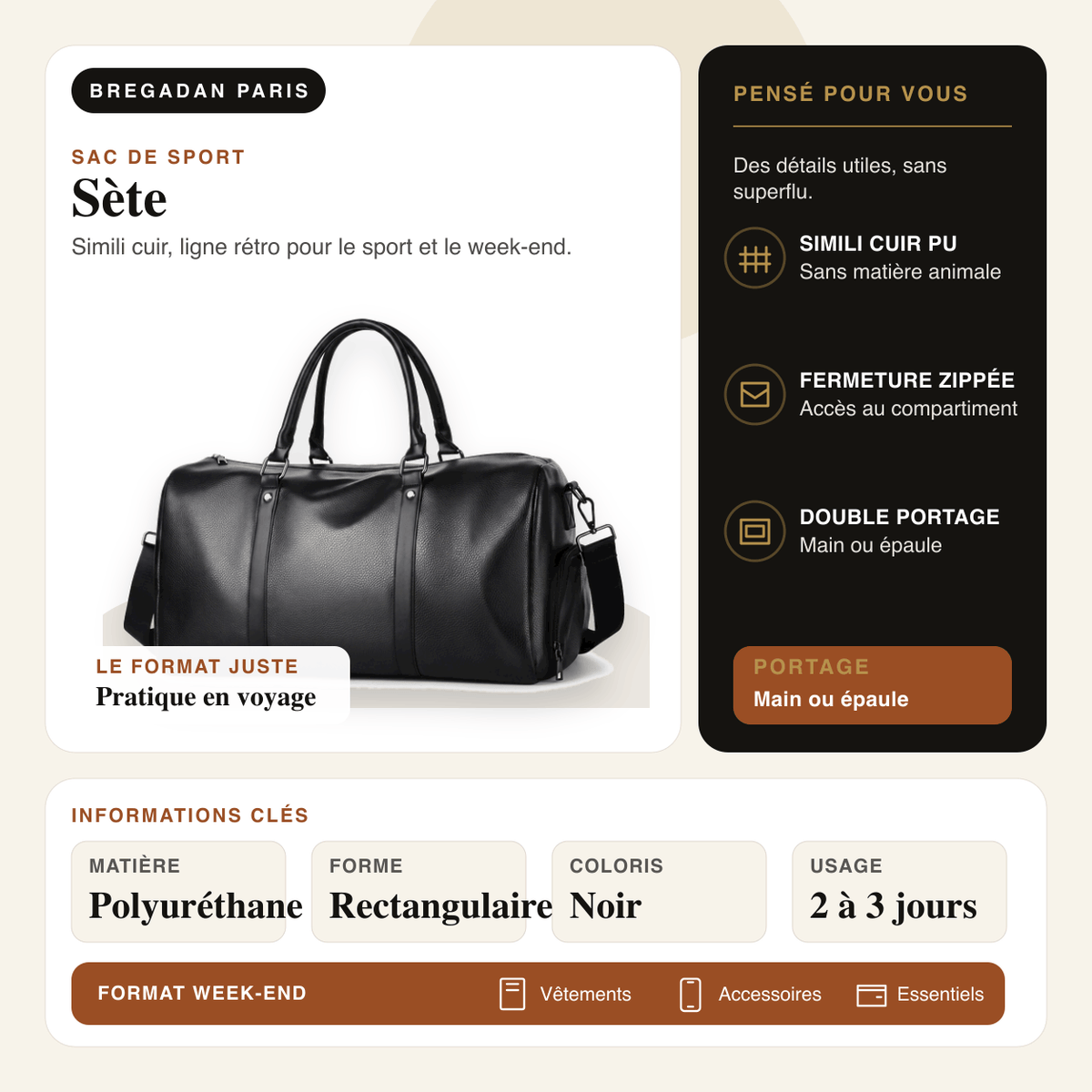 Sète — infographie Bregadan V3 : sac de sport en simili cuir, fermeture zippée, double portage et format week-end.