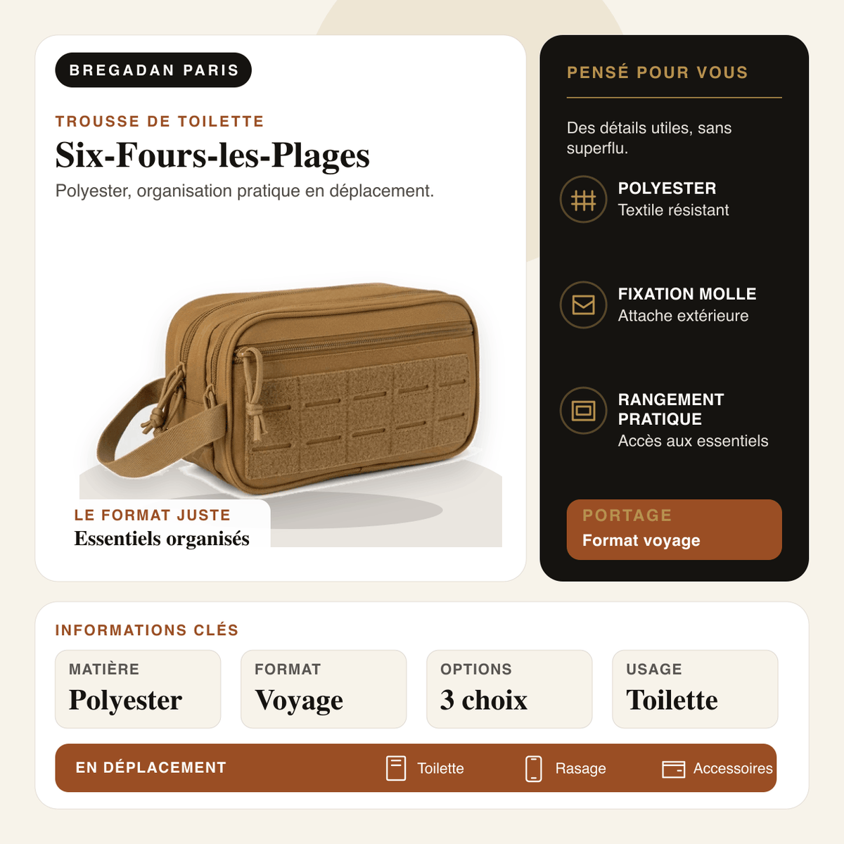 Six-Fours-les-Plages — infographie Bregadan V3 : polyester, organisation pratique en déplacement, matière Polyester