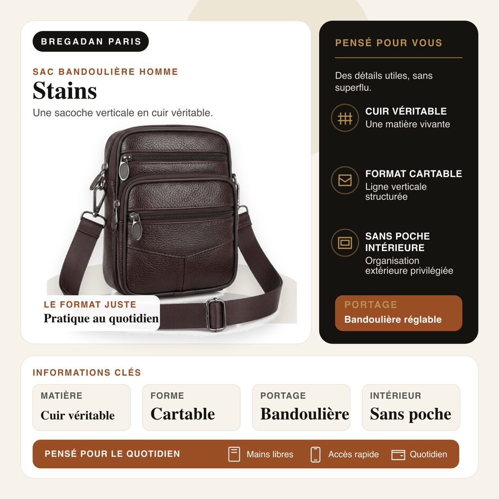 Stains — infographie Bregadan V3 : Une sacoche verticale en cuir véritable; matière Cuir véritable, forme Cartable