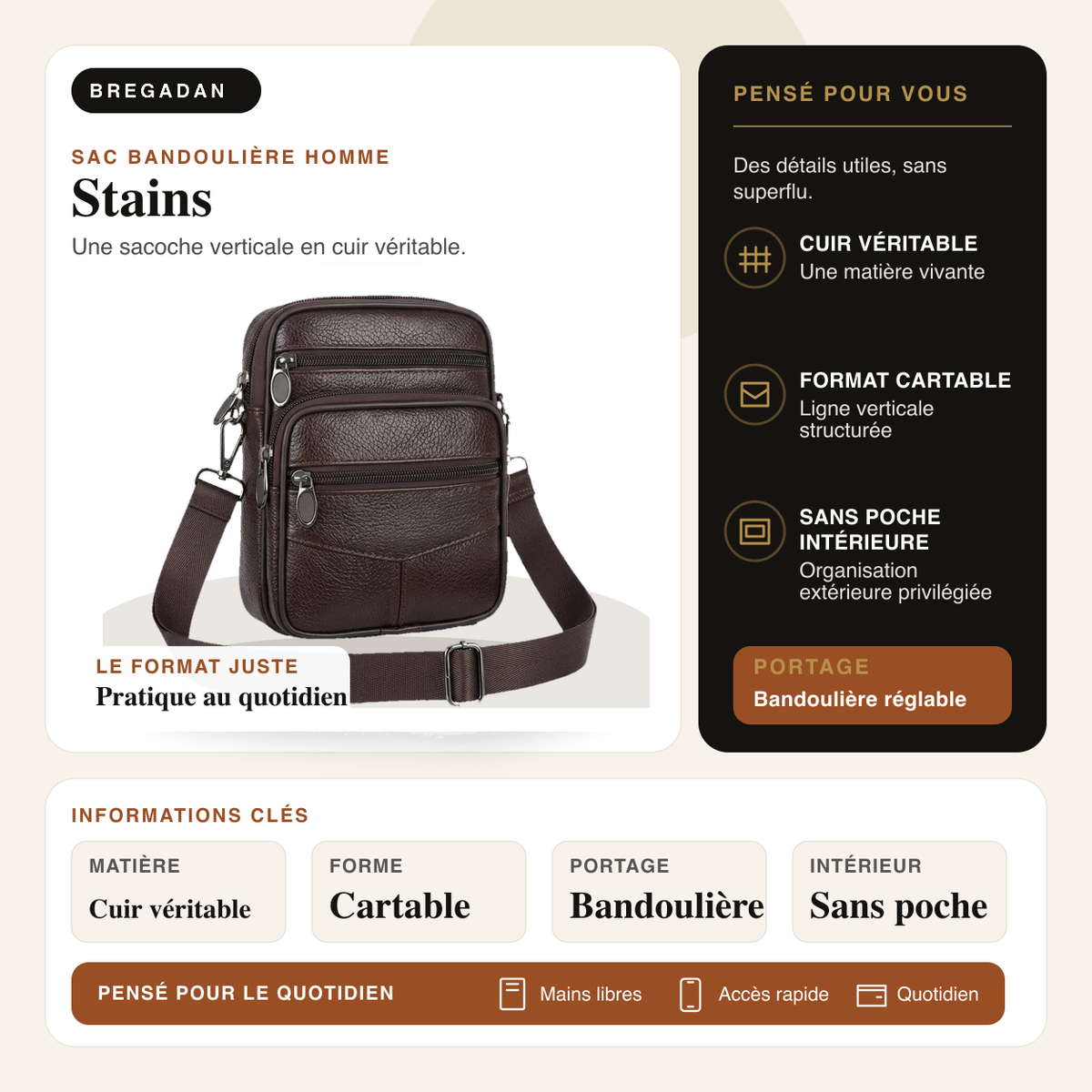 Stains — infographie Bregadan V3 : Une sacoche verticale en cuir véritable; matière Cuir véritable, forme Cartable