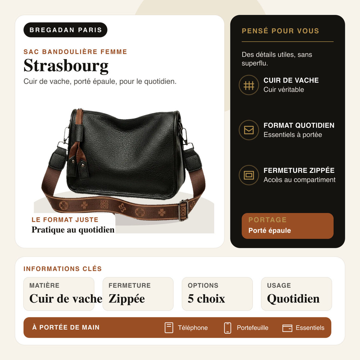 Strasbourg — infographie Bregadan V3 : cuir de vache, porté épaule