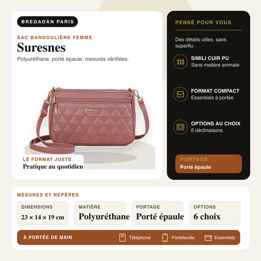 Suresnes — infographie Bregadan V3 : polyuréthane, porté épaule, dimensions 23 × 14 × 19cm
