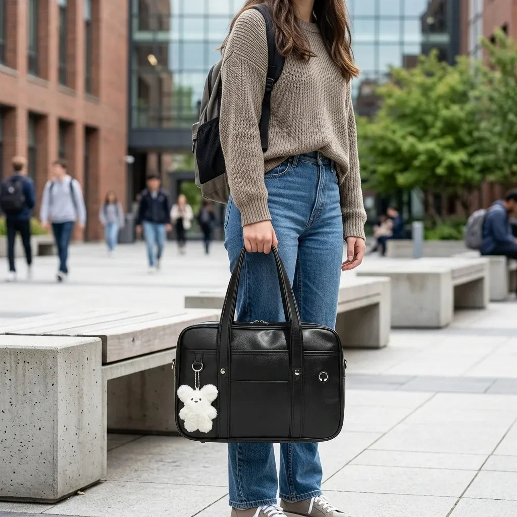 Talence — Sac noir porté avec accessoires décoratifs de mise en scène