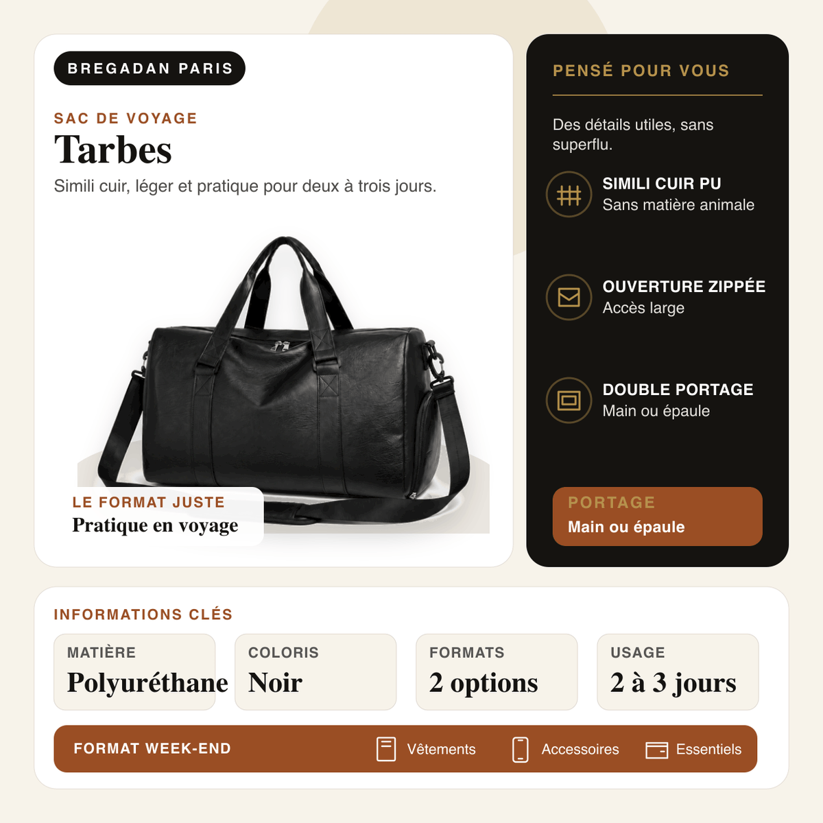 Tarbes — infographie Bregadan V3 : sac de voyage léger en simili cuir, deux formats, double portage et usage deux à