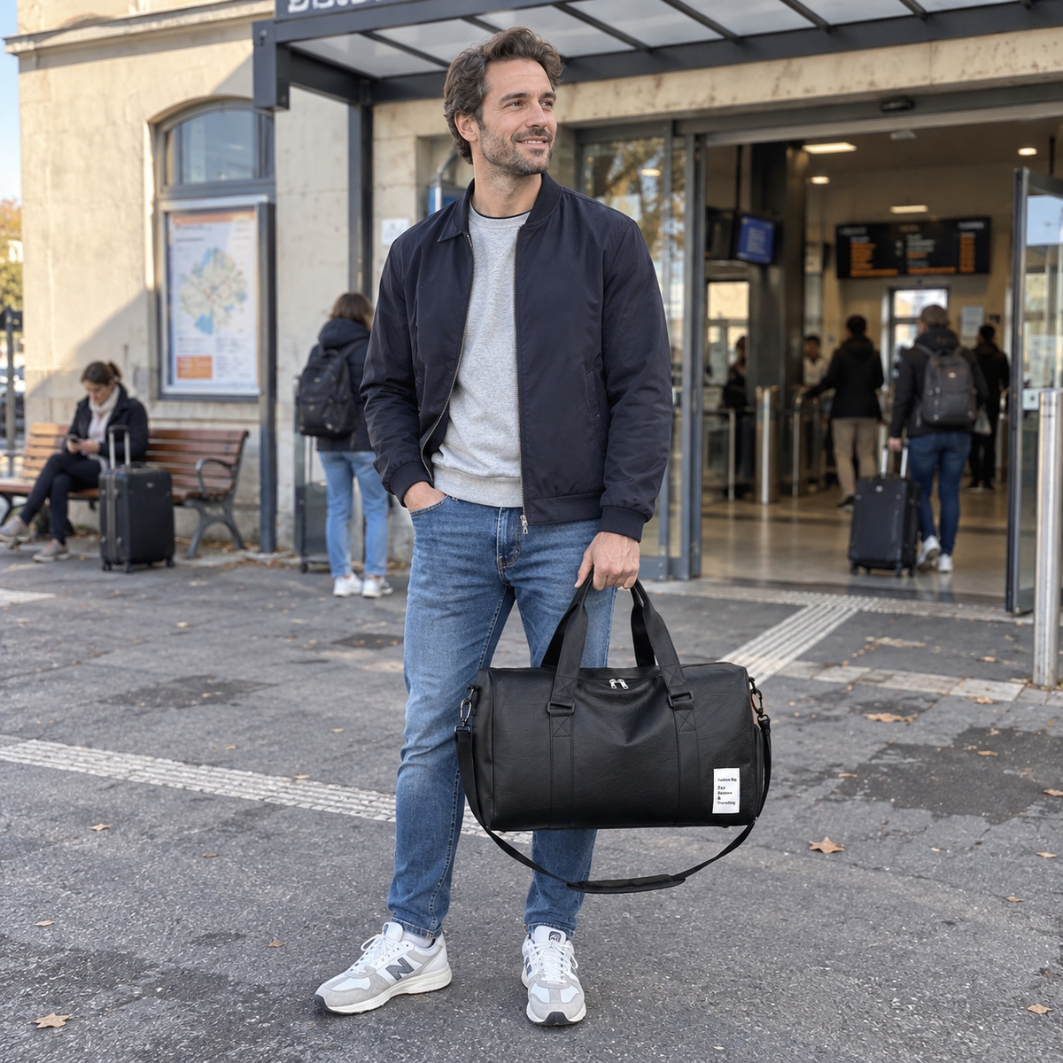 Tarbes, sac de voyage noir porté devant une gare