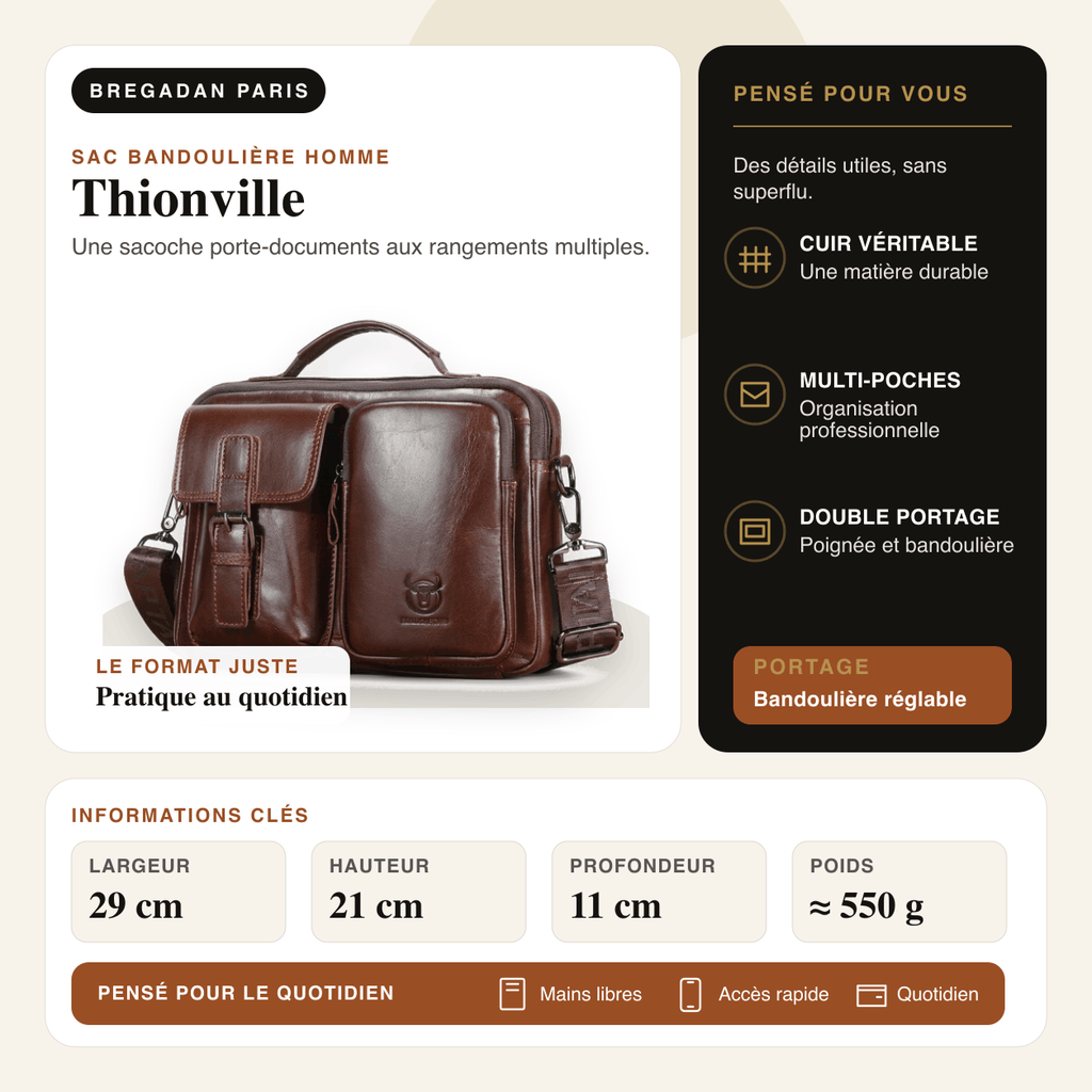 Thionville — infographie Bregadan V3 : Une sacoche porte-documents aux rangements multiples; largeur 29 cm, hauteur 21