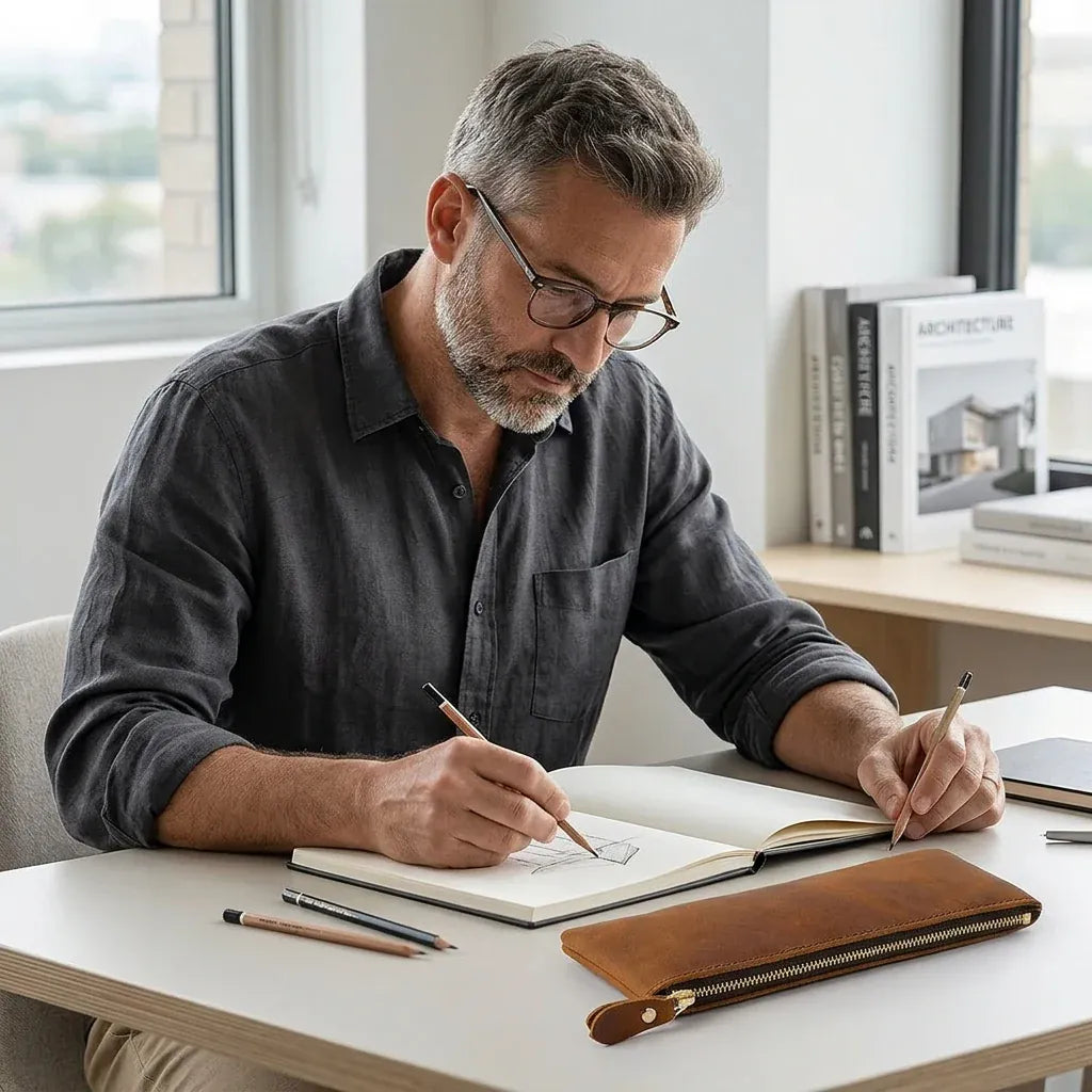 Thonon-les-Bains - Trousse à crayons en cuir véritable, fermeture éclair, mise en situation, coloris brun