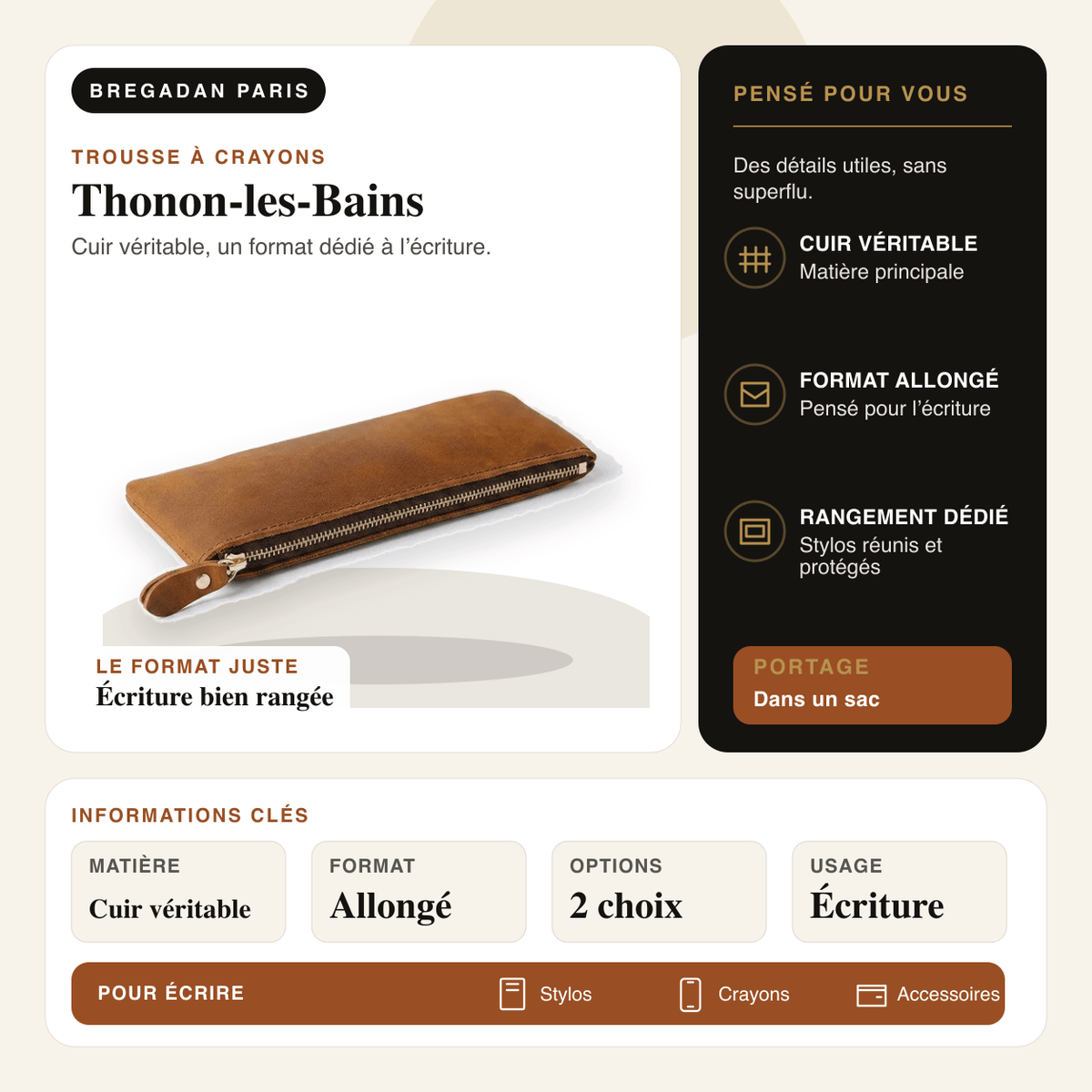 Thonon-les-Bains — infographie Bregadan V3 : cuir véritable, un format dédié à l’écriture, matière Cuir véritable