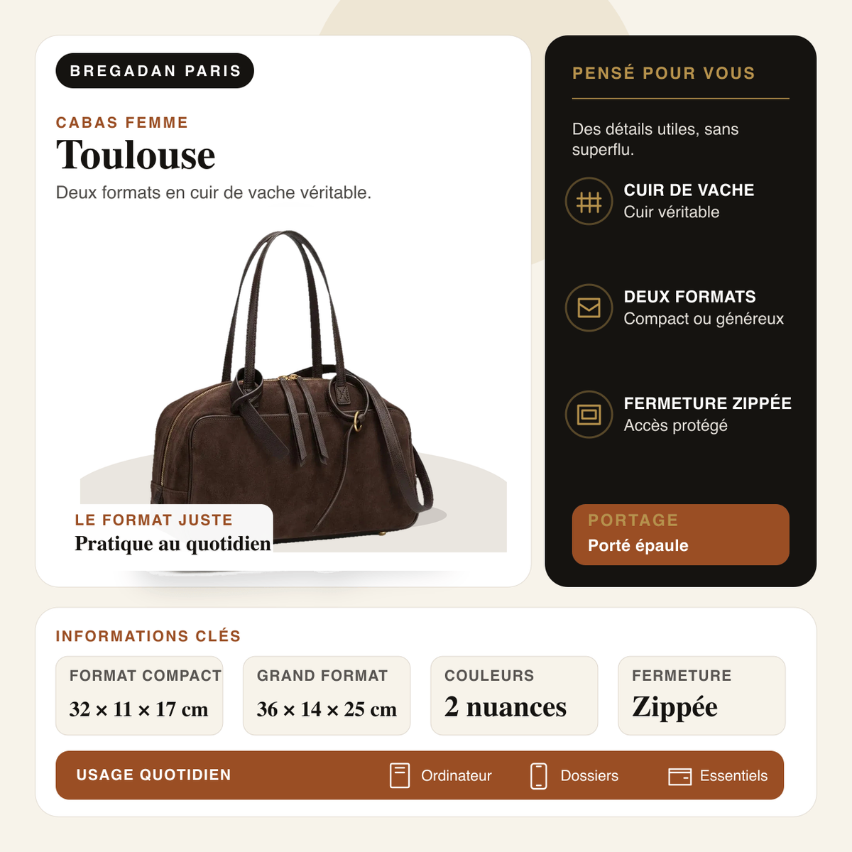 Toulouse — infographie Bregadan V3 : Deux formats en cuir de vache véritable