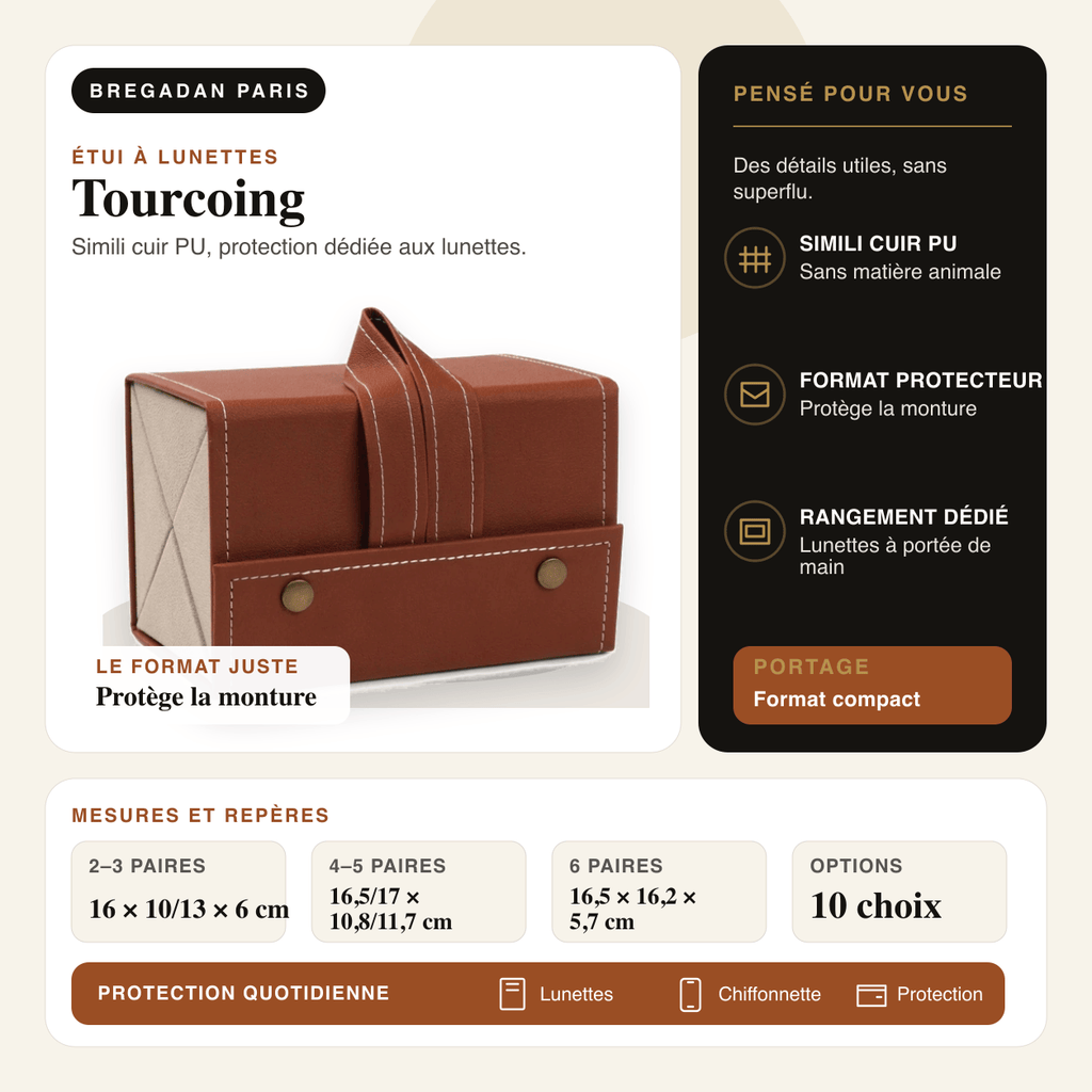 Tourcoing — infographie Bregadan V3 : simili cuir pu, protection dédiée aux lunettes, 2–3 paires 16 × 10/13 × 6 cm