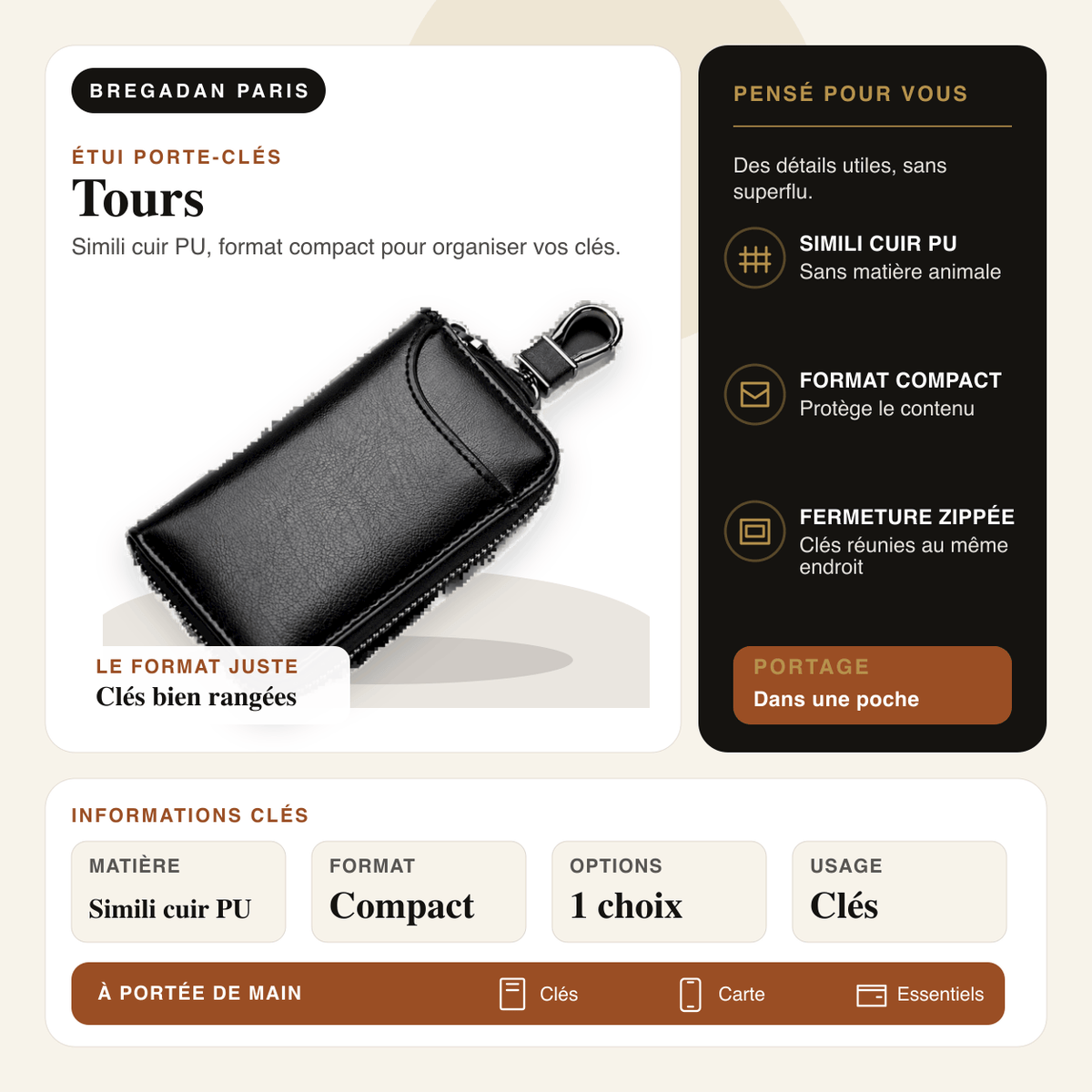 Tours — infographie Bregadan V3 : simili cuir pu, format compact pour organiser vos clés, matière Simili cuir PU
