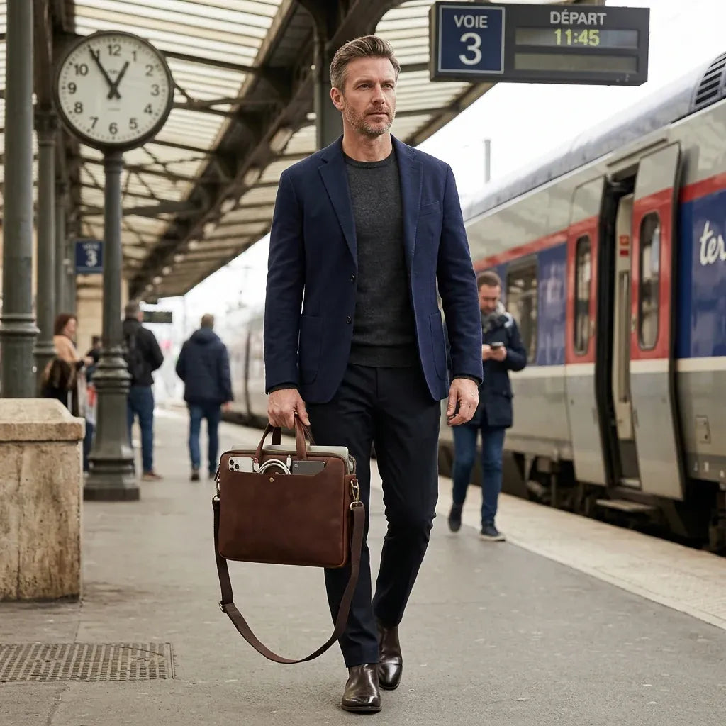 Tremblay-en-France - Sacoche ordinateur en cuir véritable, port main - mise en situation, coloris brun cognac