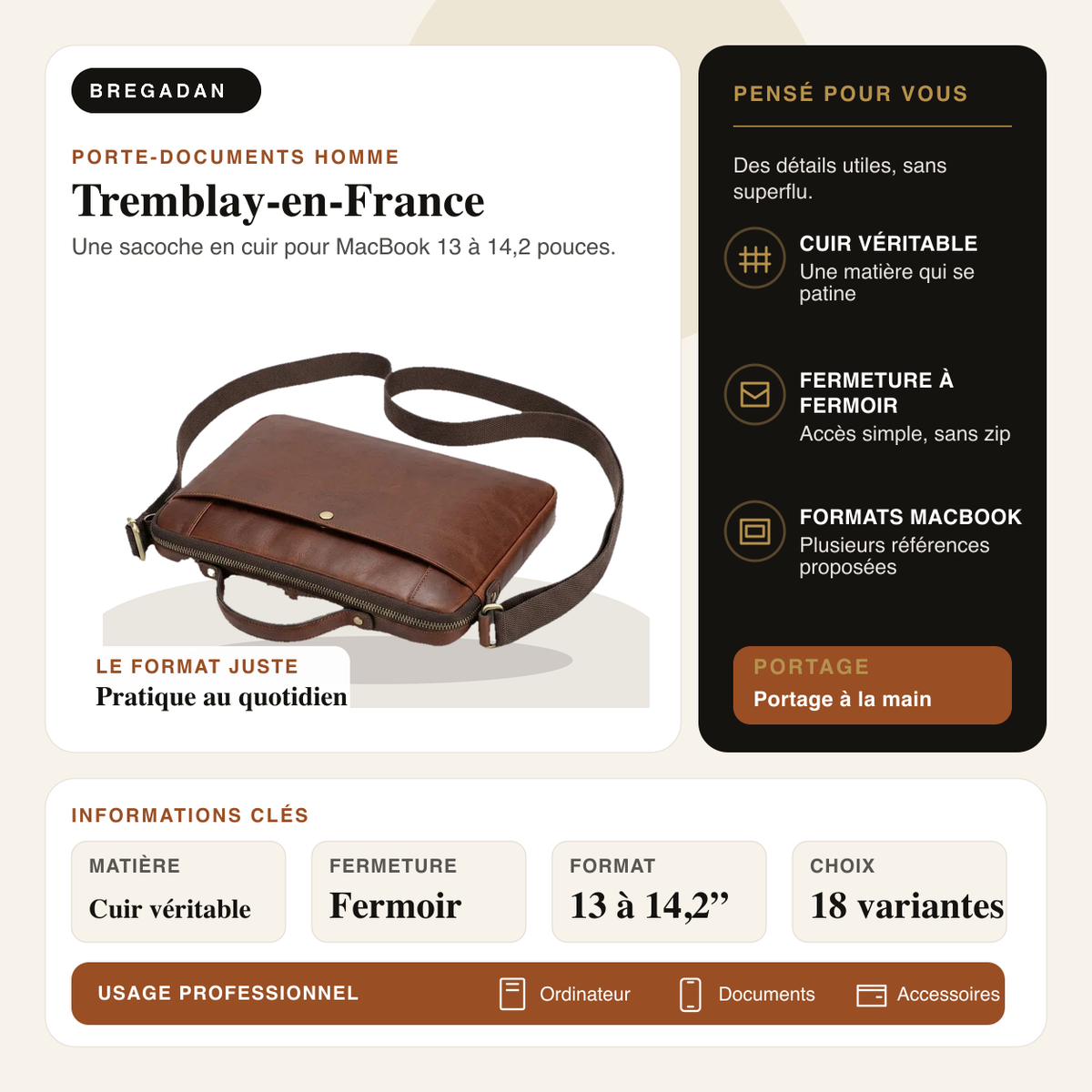 Tremblay-en-France — infographie Bregadan V3 : une sacoche en cuir pour macbook 13 à 14,2 pouces, matière Cuir