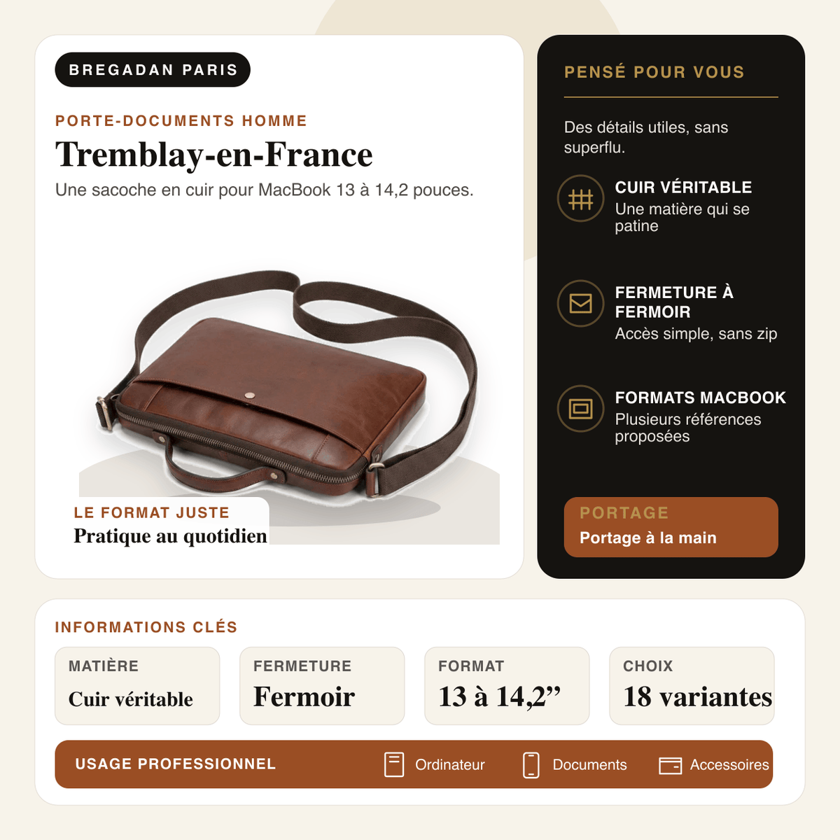 Tremblay-en-France — infographie Bregadan V3 : une sacoche en cuir pour macbook 13 à 14,2 pouces, matière Cuir