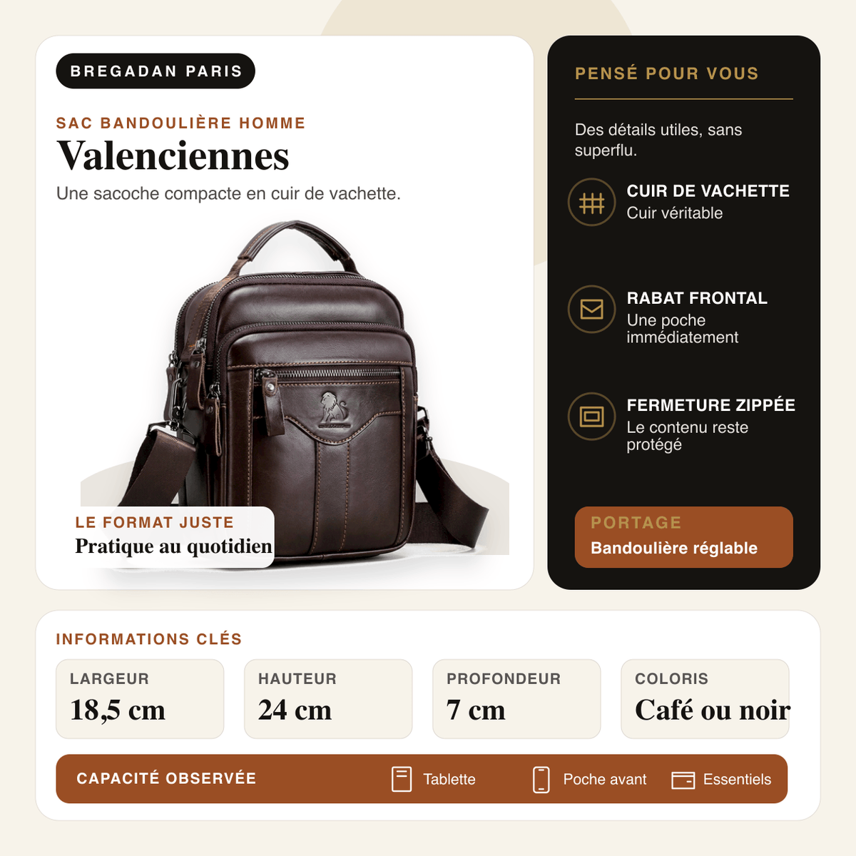 Valenciennes — infographie Bregadan V3 : Une sacoche compacte en cuir de vachette; largeur 18,5 cm, hauteur 24 cm